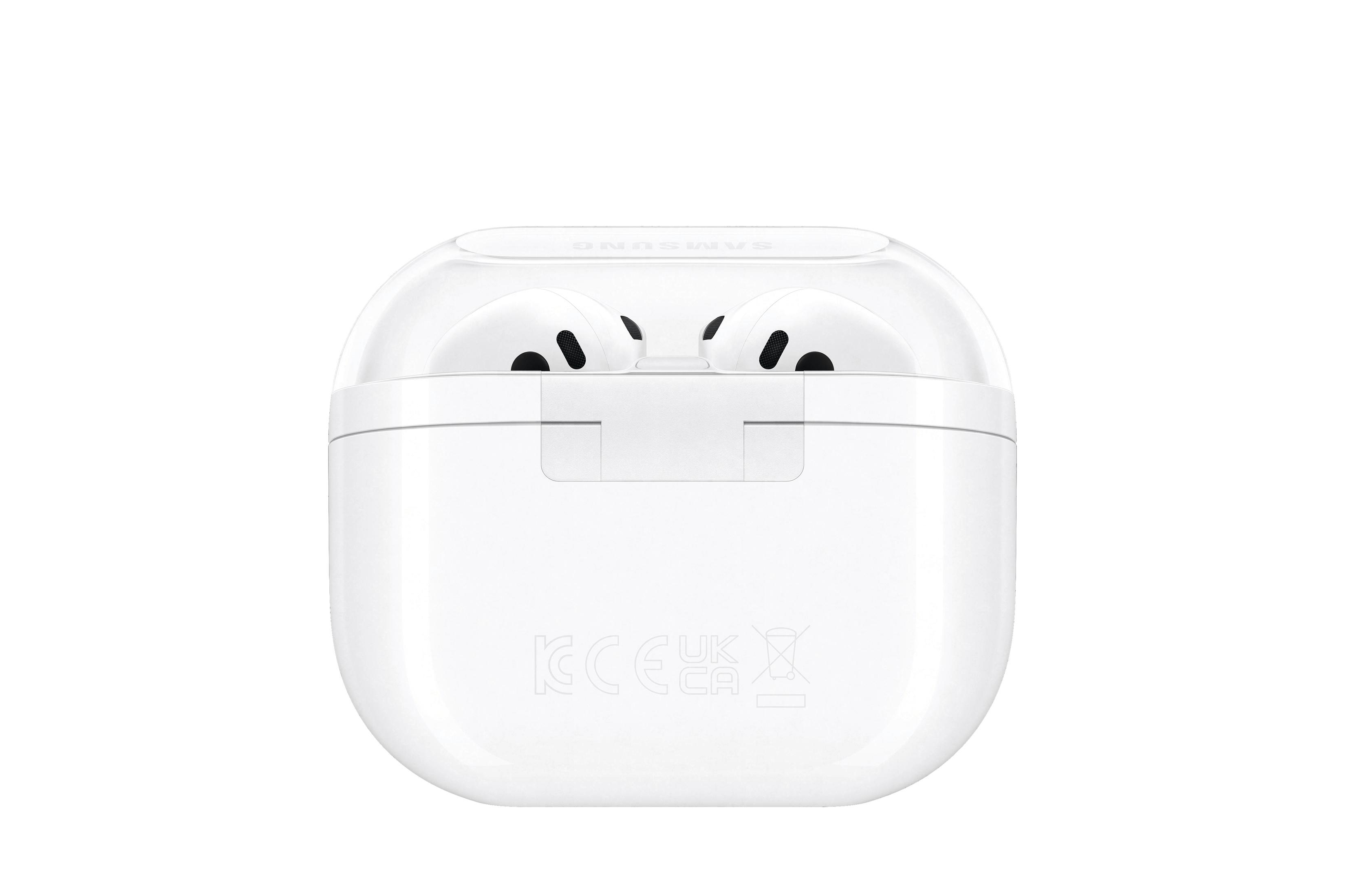 Białe etui ładujące z wkładkami dousznymi w środku, z informacjami o produkcie na dole.