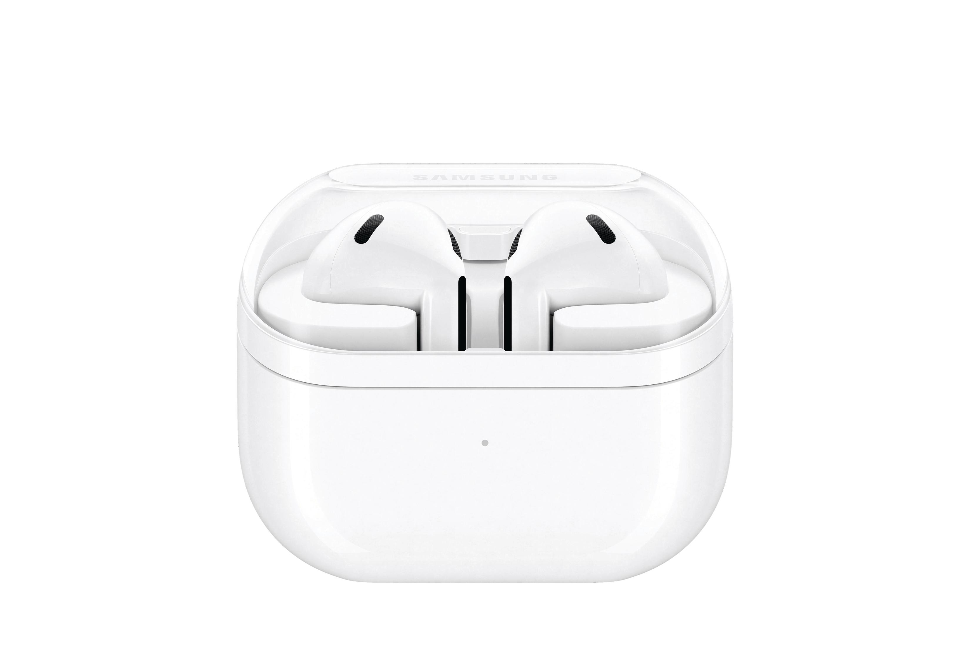 Białe słuchawki Samsung w białym etui. Białe tło.