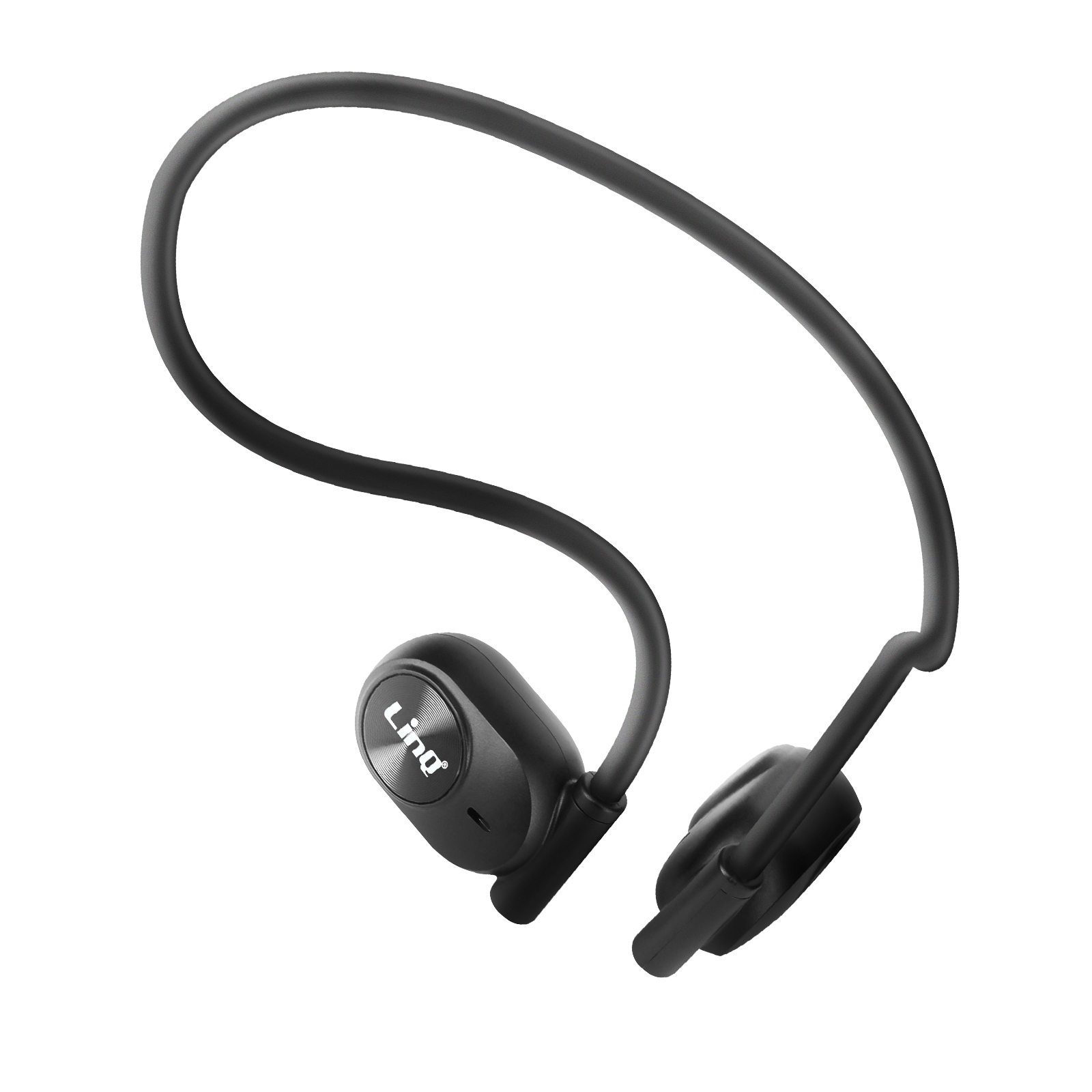 Cuffie wireless nere con design a fascia da collo.