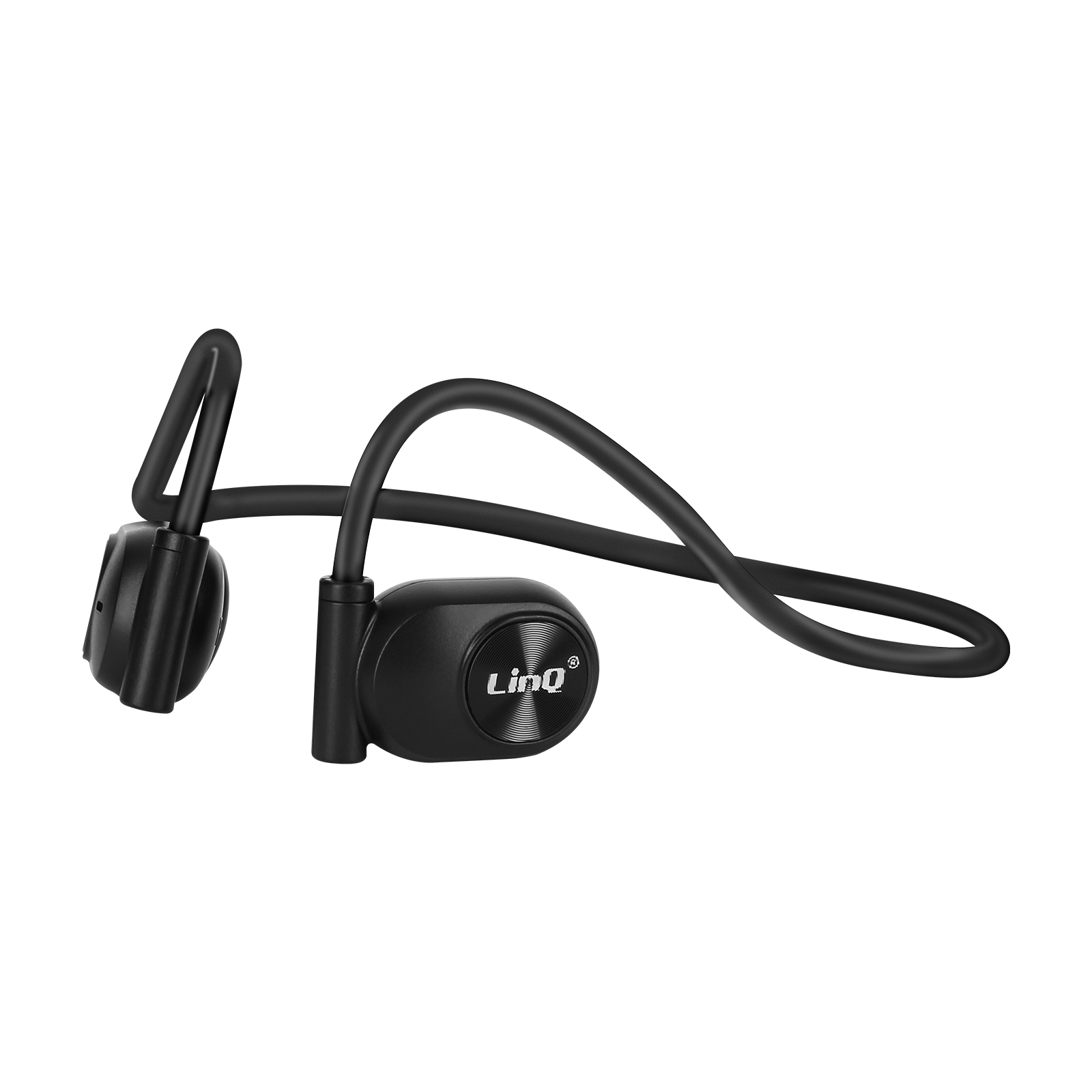 Cuffie a conduzione ossea wireless nere. Il marchio è LinQ.
