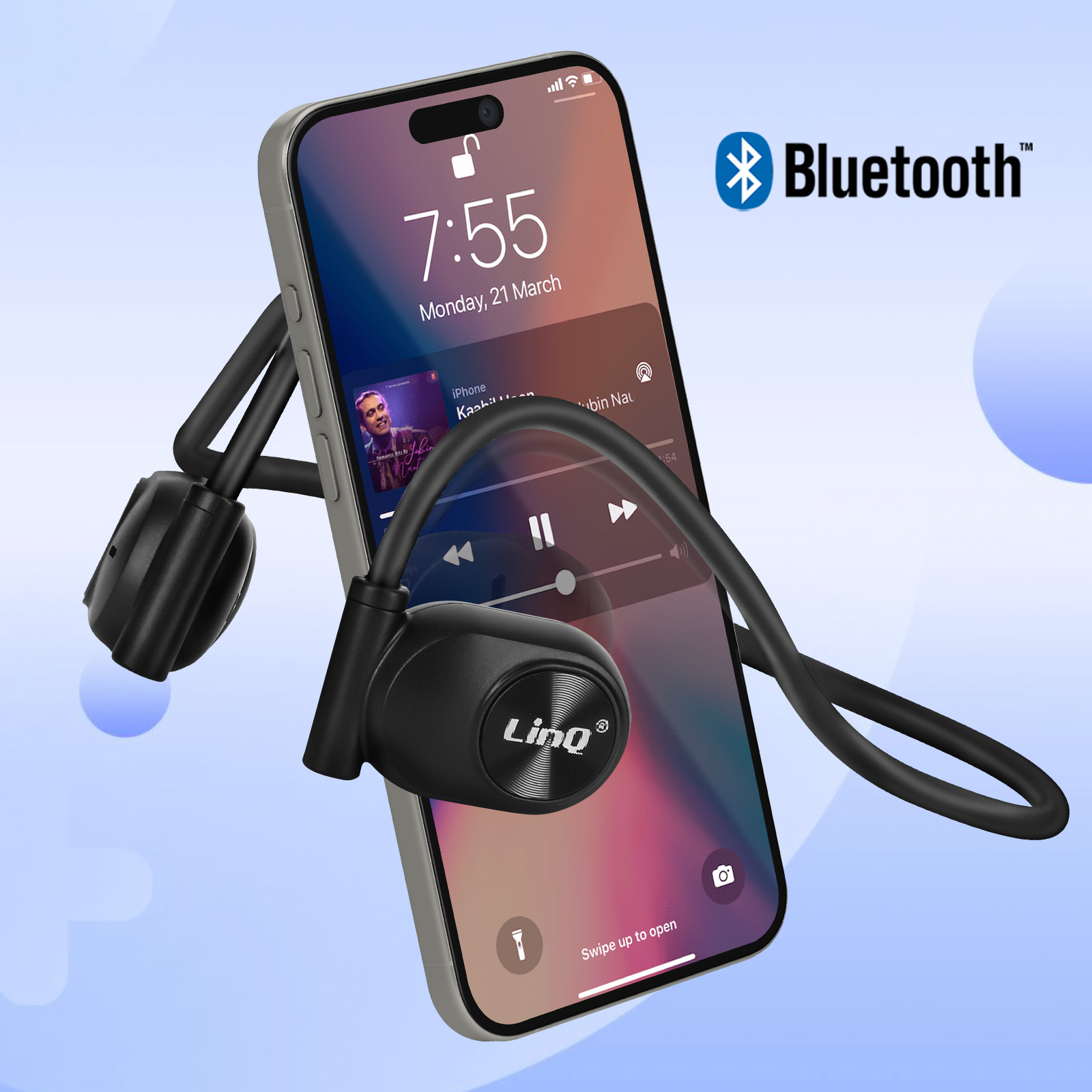 Auricolari neri con un telefono che mostra un'app musicale. Simbolo Bluetooth in alto a destra.