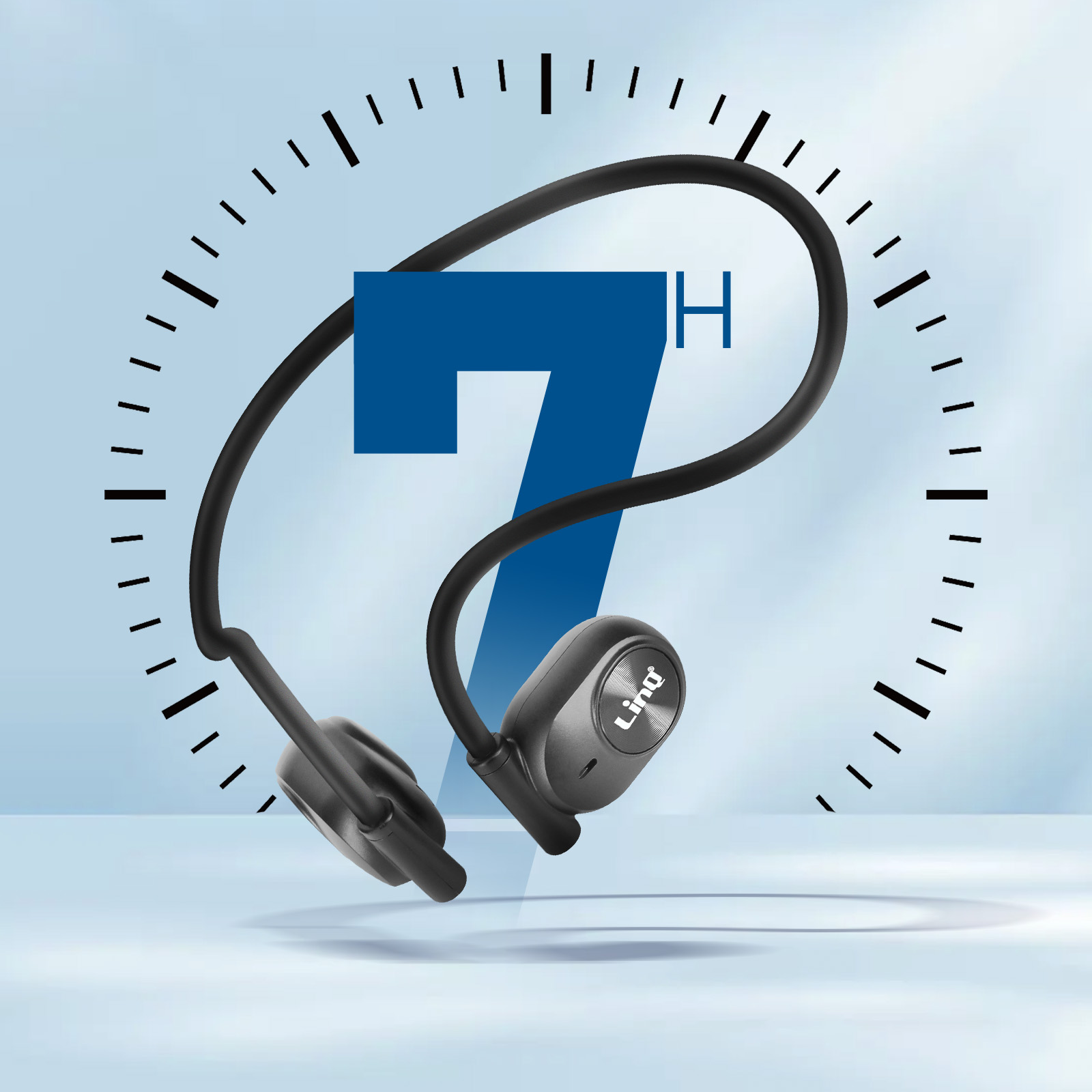 Auricolari wireless neri con archetto. Un orologio con il numero 7 sullo sfondo.