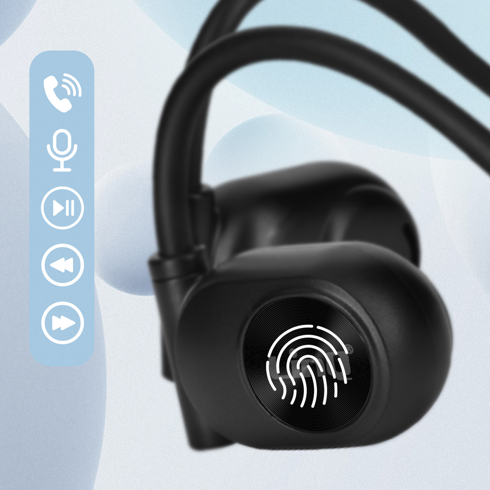 Auricolari wireless neri, con controllo touch e funzioni di chiamata.