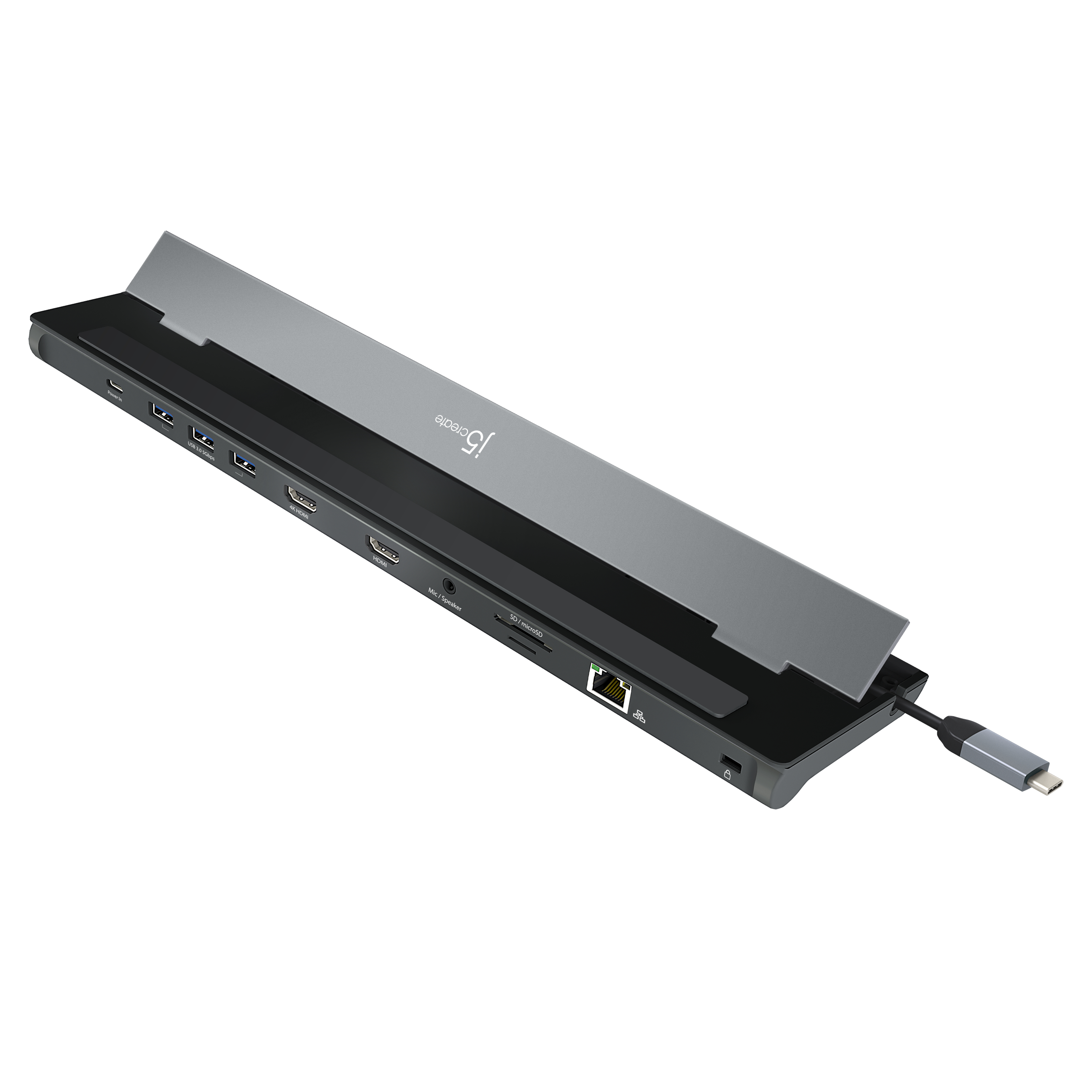 Schwarz-graue Laptop-Dockingstation mit mehreren Anschlüssen, schräge Ansicht.