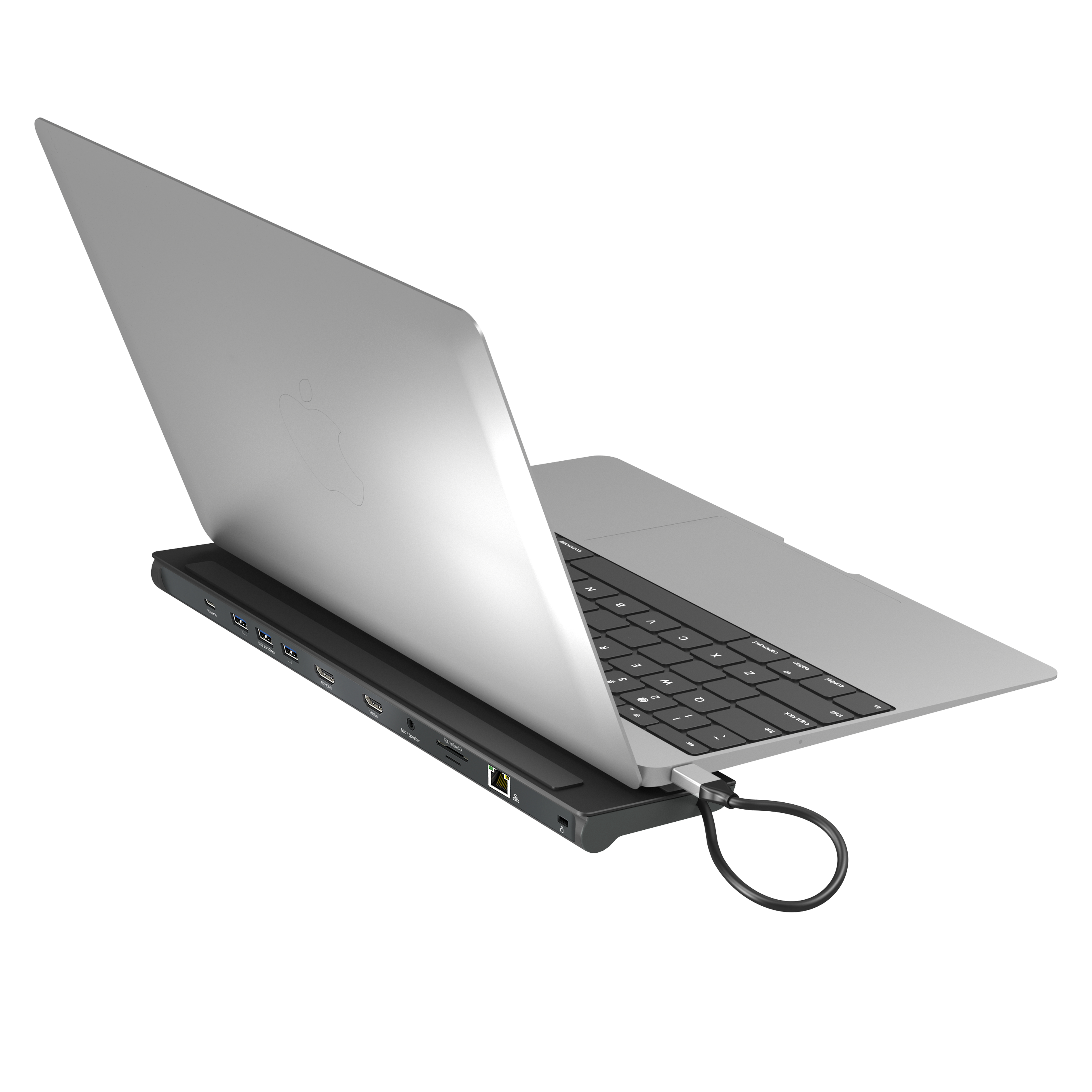 Ein Laptop ist mit einem silbernen Hub verbunden. Der Laptop ist geöffnet, die Tastatur zeigt nach unten.