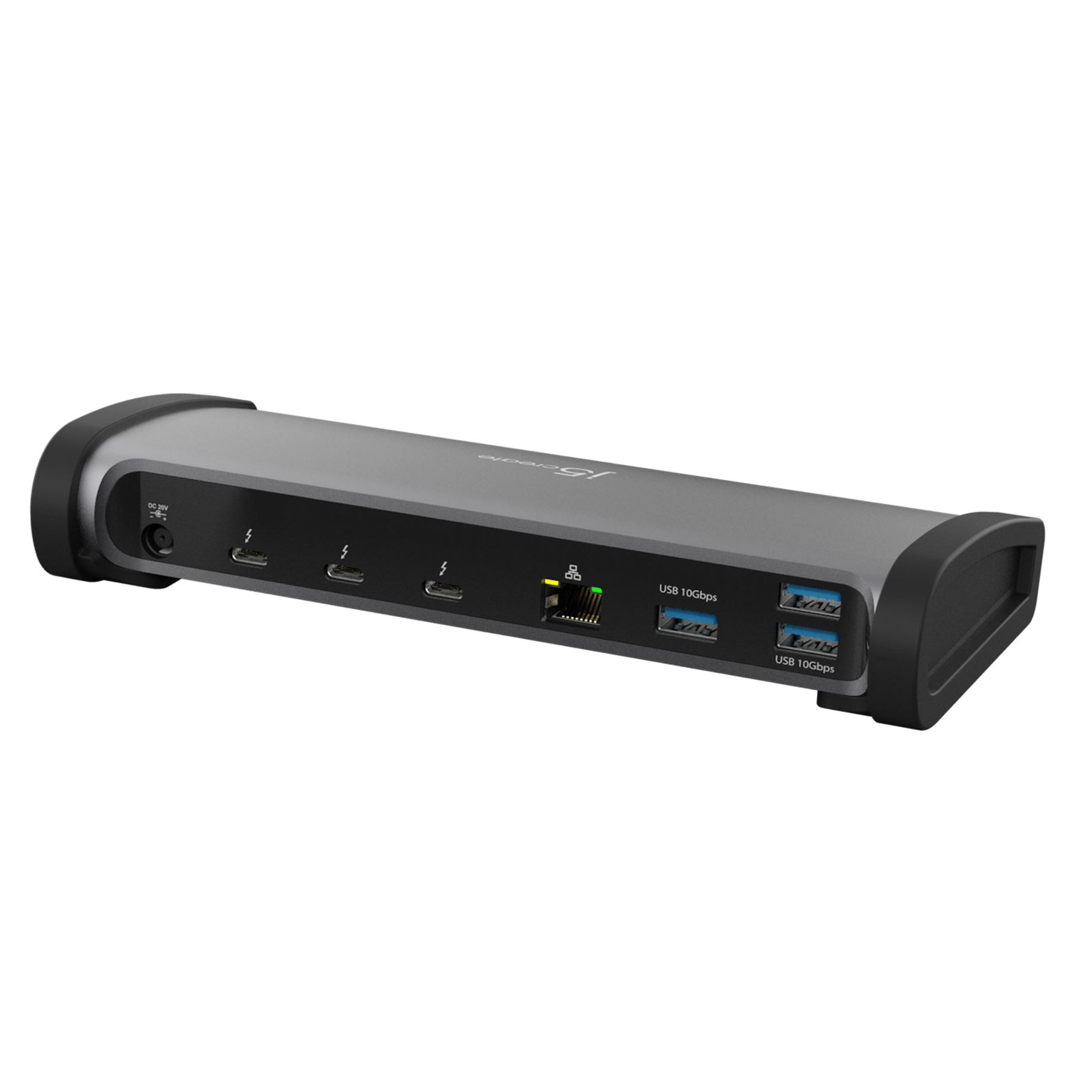 Graue Dockingstation mit mehreren Anschlüssen, einschließlich USB und Stromeingang.