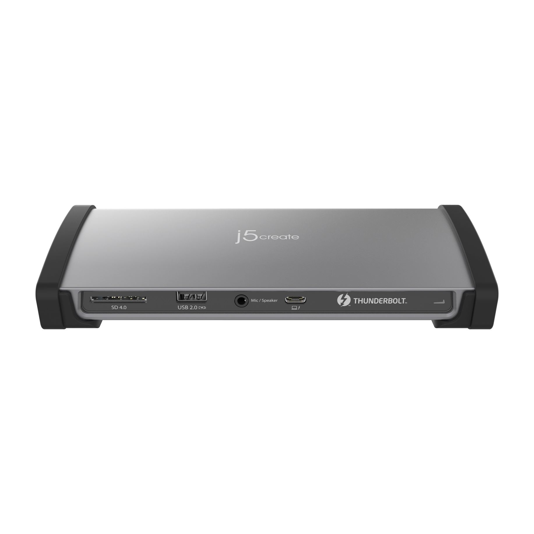 Silbernes und schwarzes Gerät mit Anschlüssen. USB-, SD- und Thunderbolt-Anschlüsse sichtbar.
