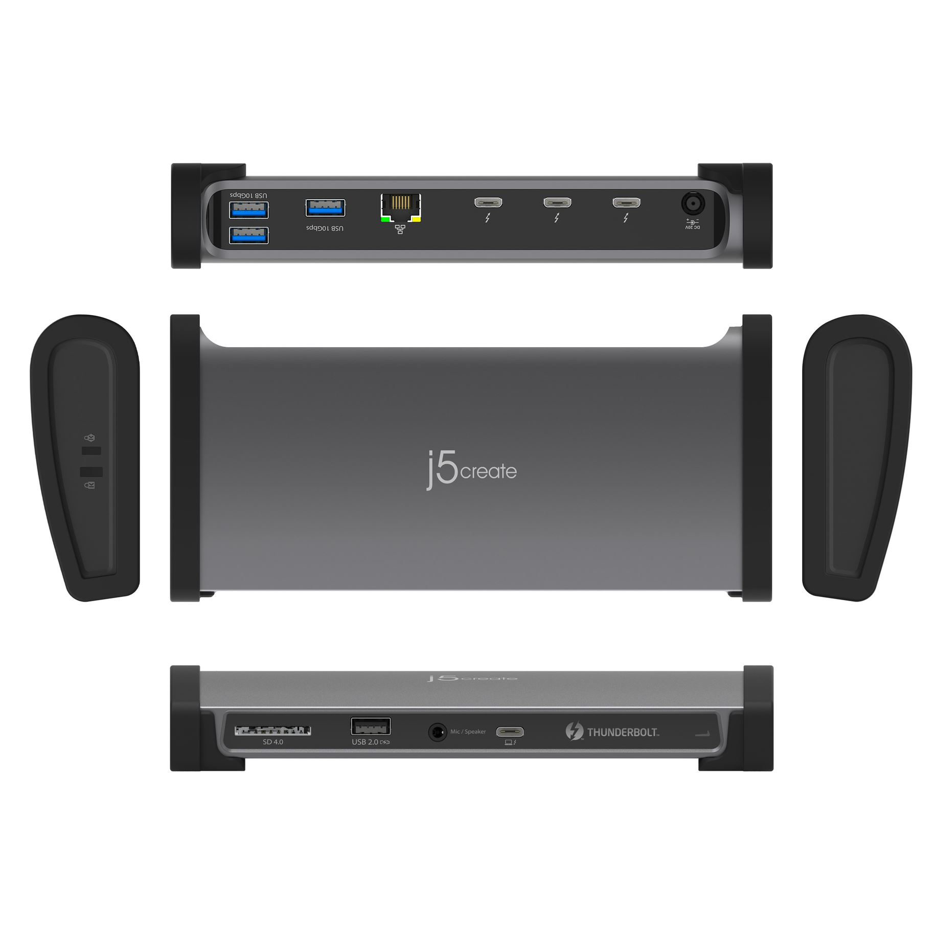 Schwarze und graue J5Create Dockingstation mit mehreren Anschlüssen und Steckern.