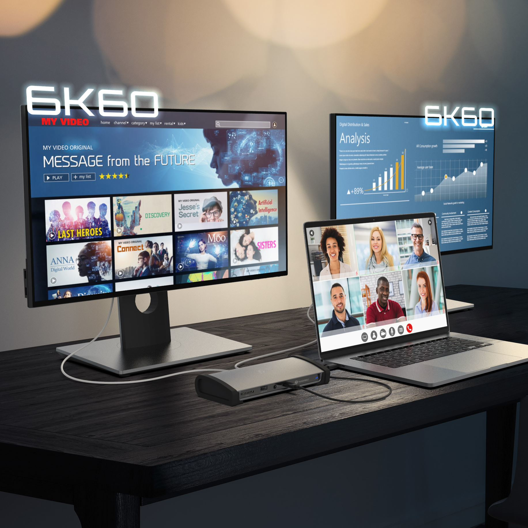 Zwei Monitore zeigen eine Videoschnittstelle und einen Analysebildschirm. Ein Laptop zeigt eine Videokonferenz auf einem Schreibtisch.