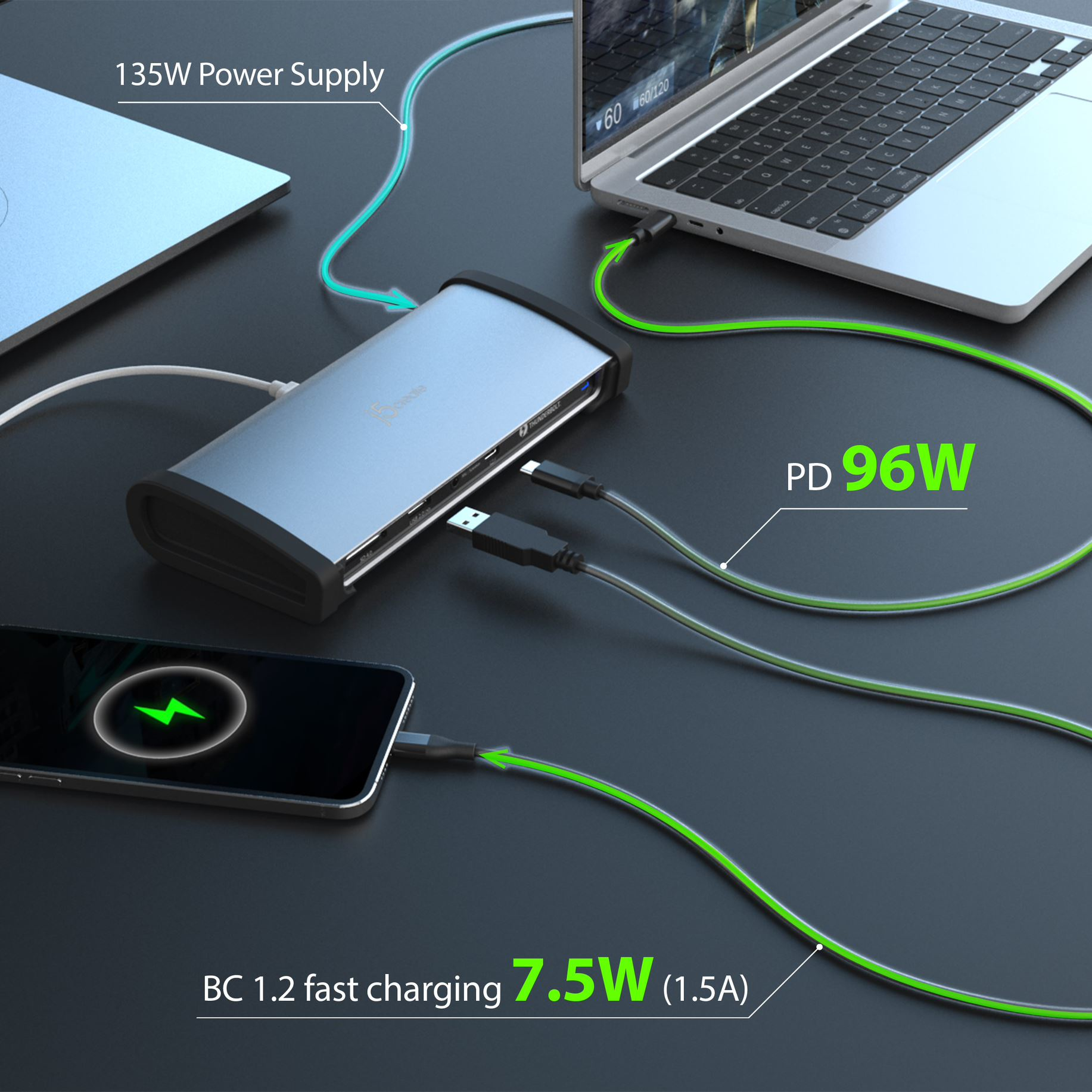 Ein silberner USB-Hub mit Kabeln, die an einen Laptop und ein Telefon sowie ein Netzteil angeschlossen sind.