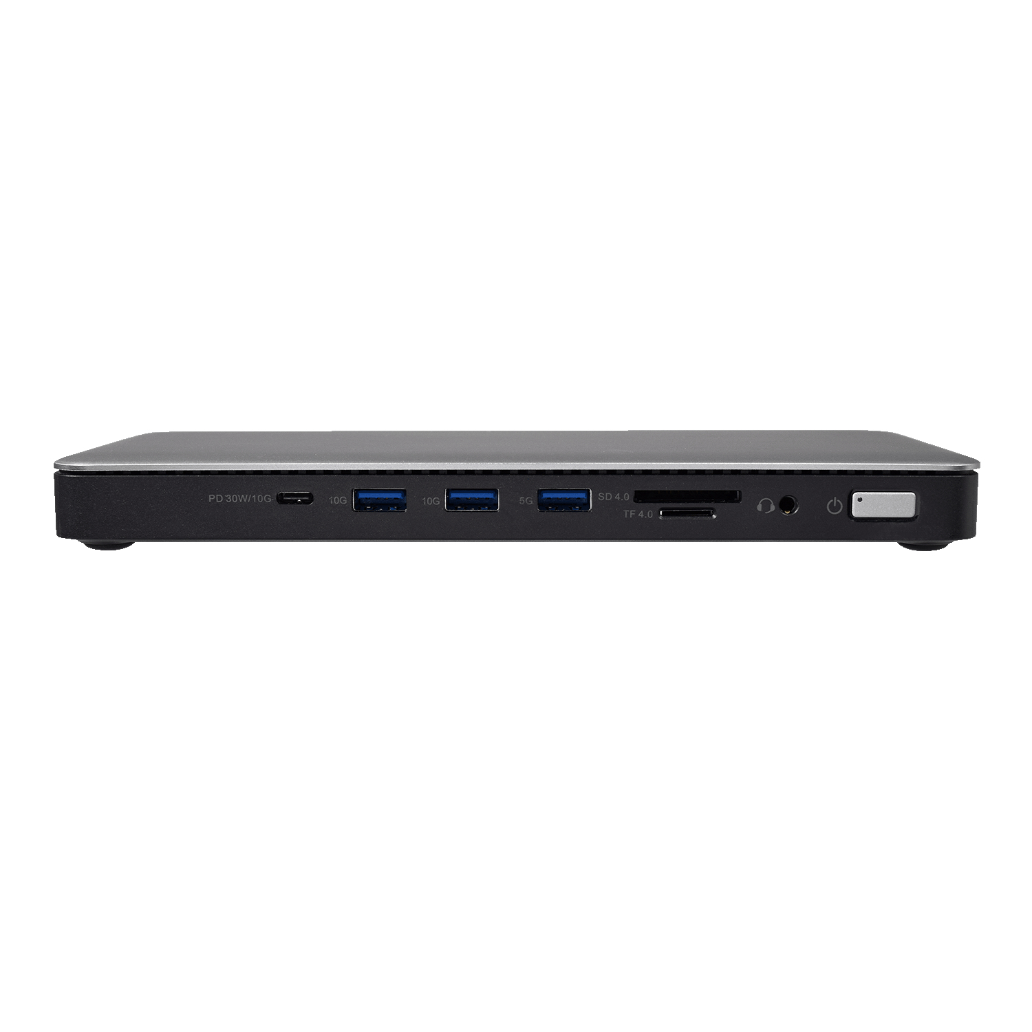 Un hub nero con più porte, tra cui USB e un lettore di schede.