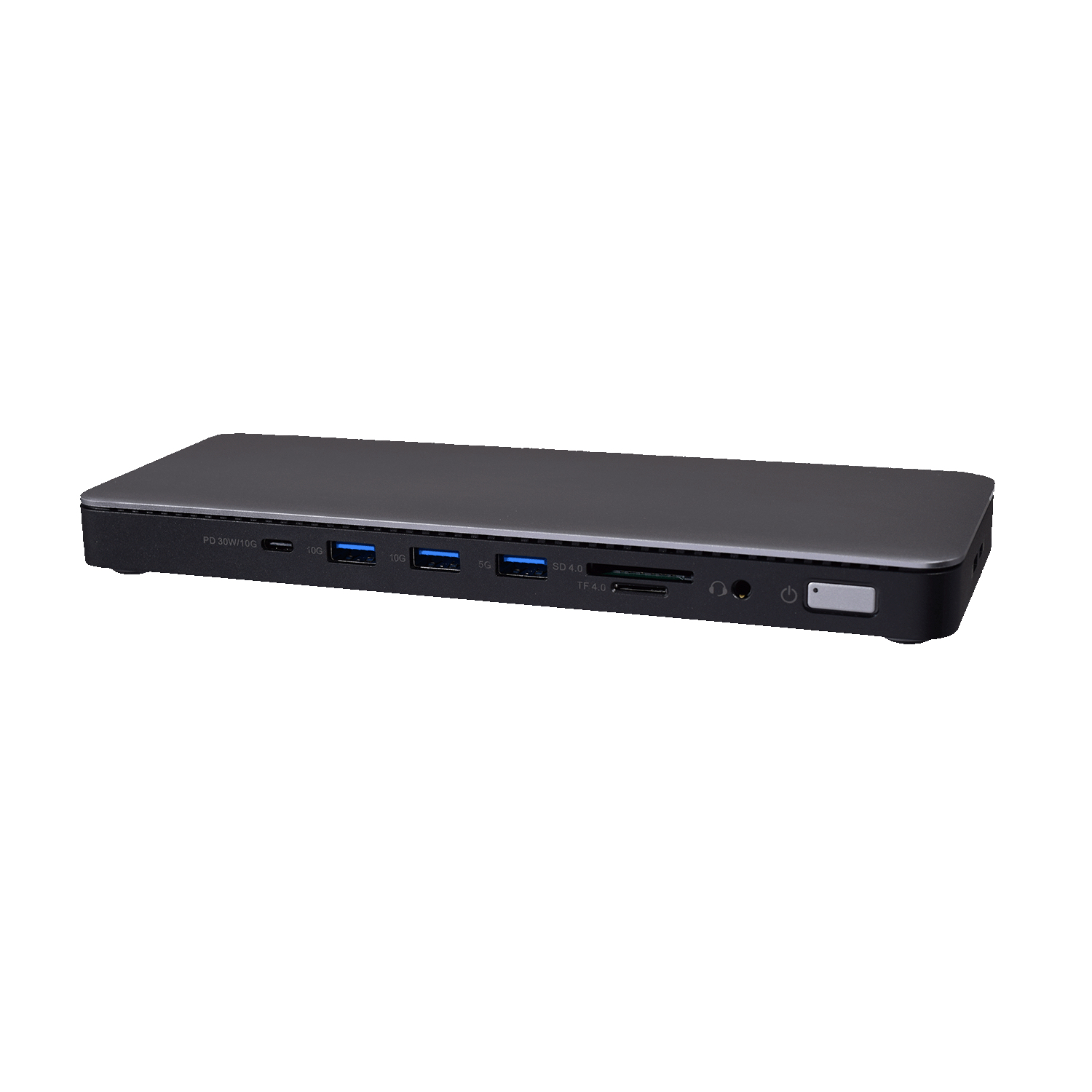 Un hub USB-C grigio scuro con più porte, su sfondo bianco.