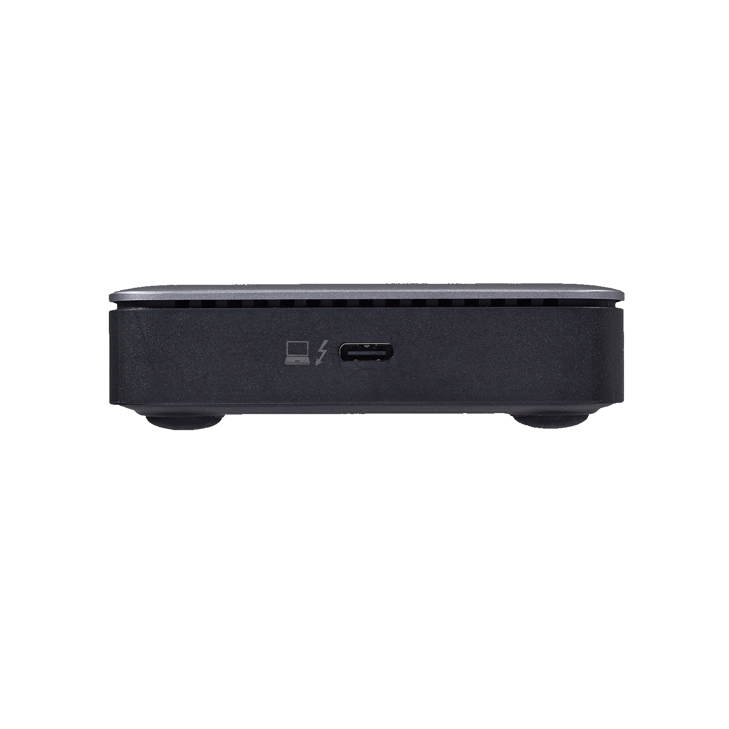 Dispositivo nero, vista laterale. Porta USB-C e simbolo per laptop. Forma arrotondata.