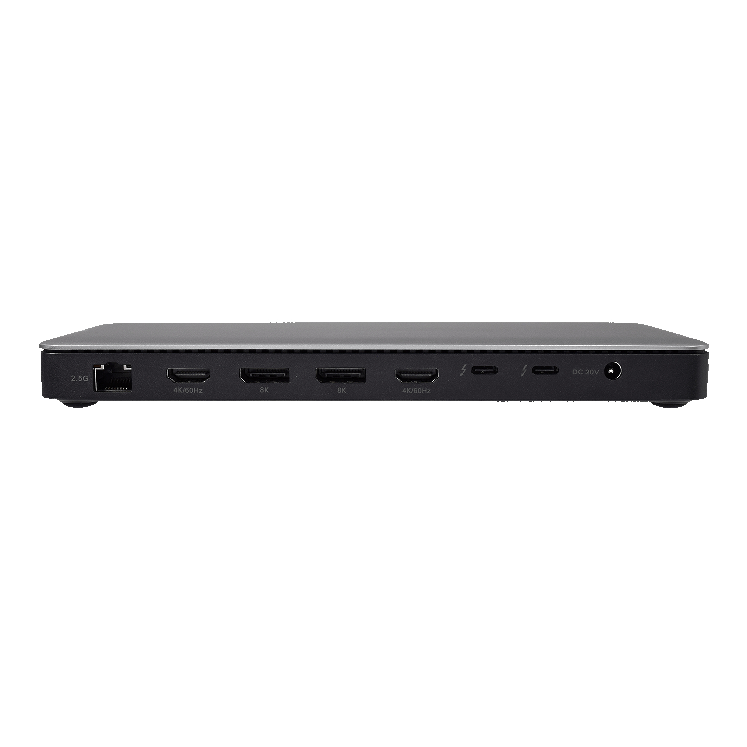 Dispositivo nero con più porte. Ethernet, USB e altre porte visibili. Sfondo bianco.