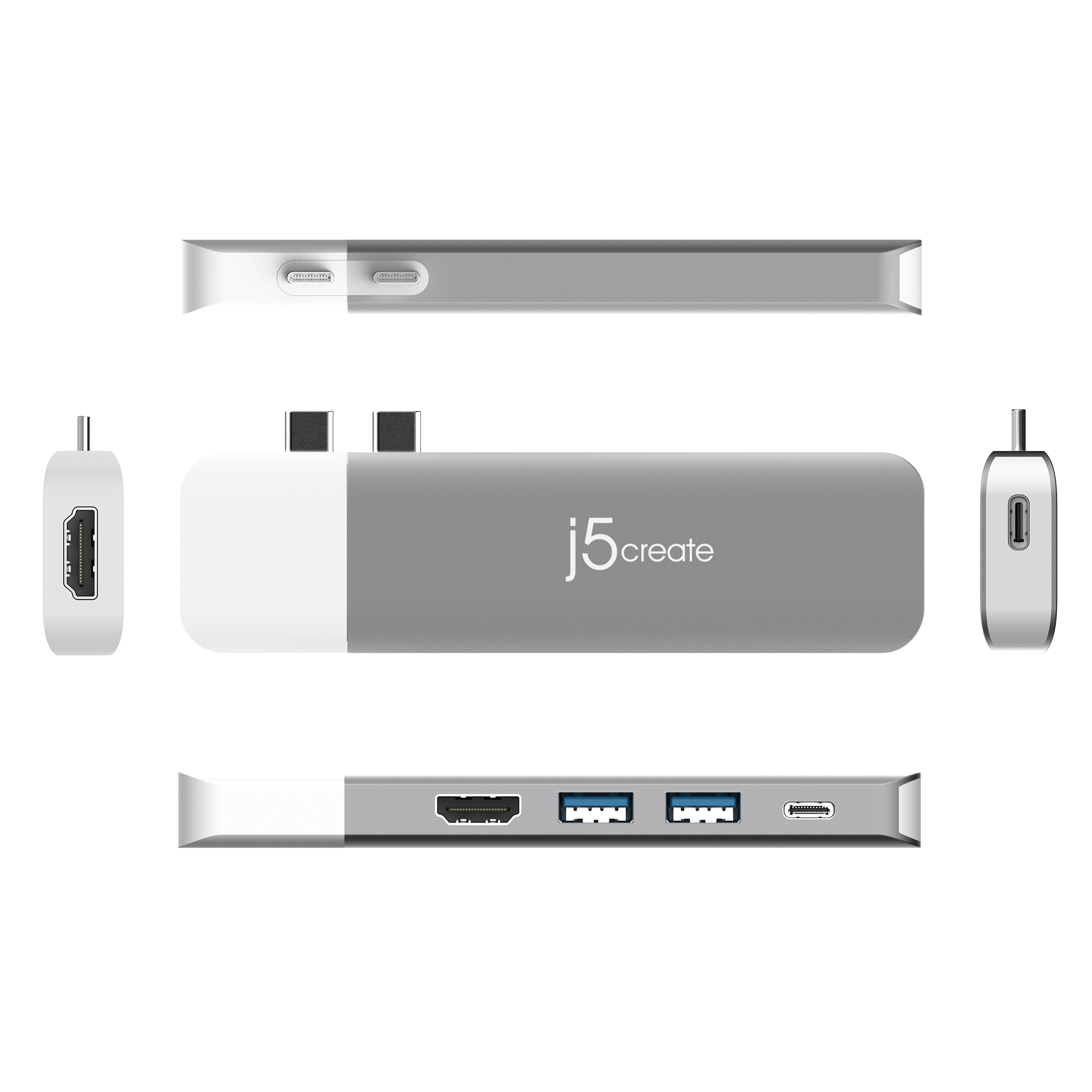 Mehrfachansicht eines silber-weißen Hubs. Mit HDMI, USB und USB-C Anschlüssen. j5create Logo.
