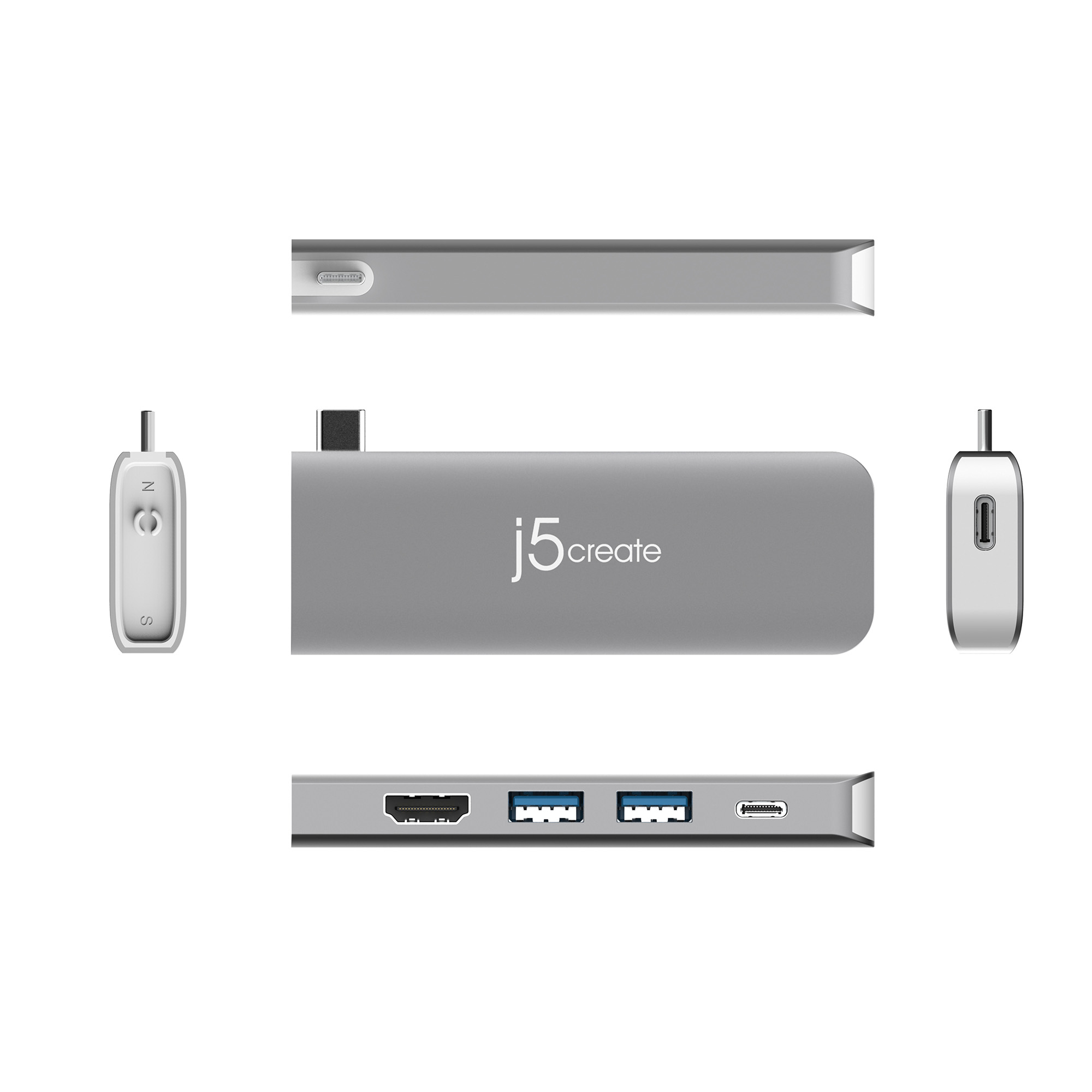 Grauer j5create-Hub, Ansichten von oben und von der Seite, mit Anschlüssen und USB-C-Anschluss auf Weiß.