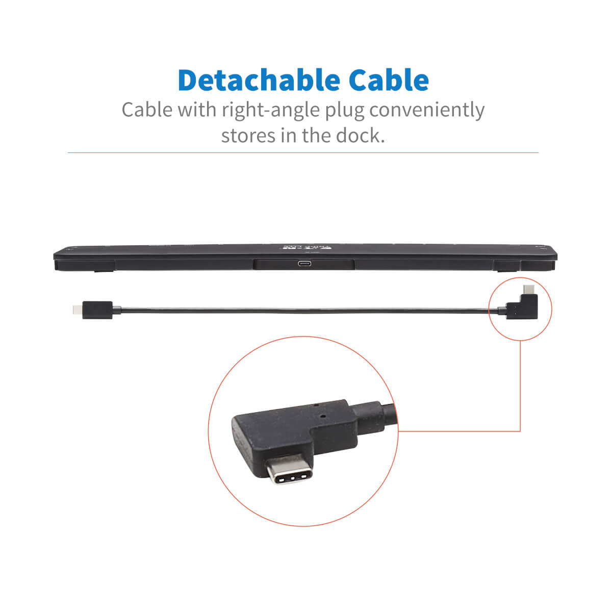Schwarzes Kabel mit einem USB-C-Anschluss und einem rechtwinkligen Stecker.