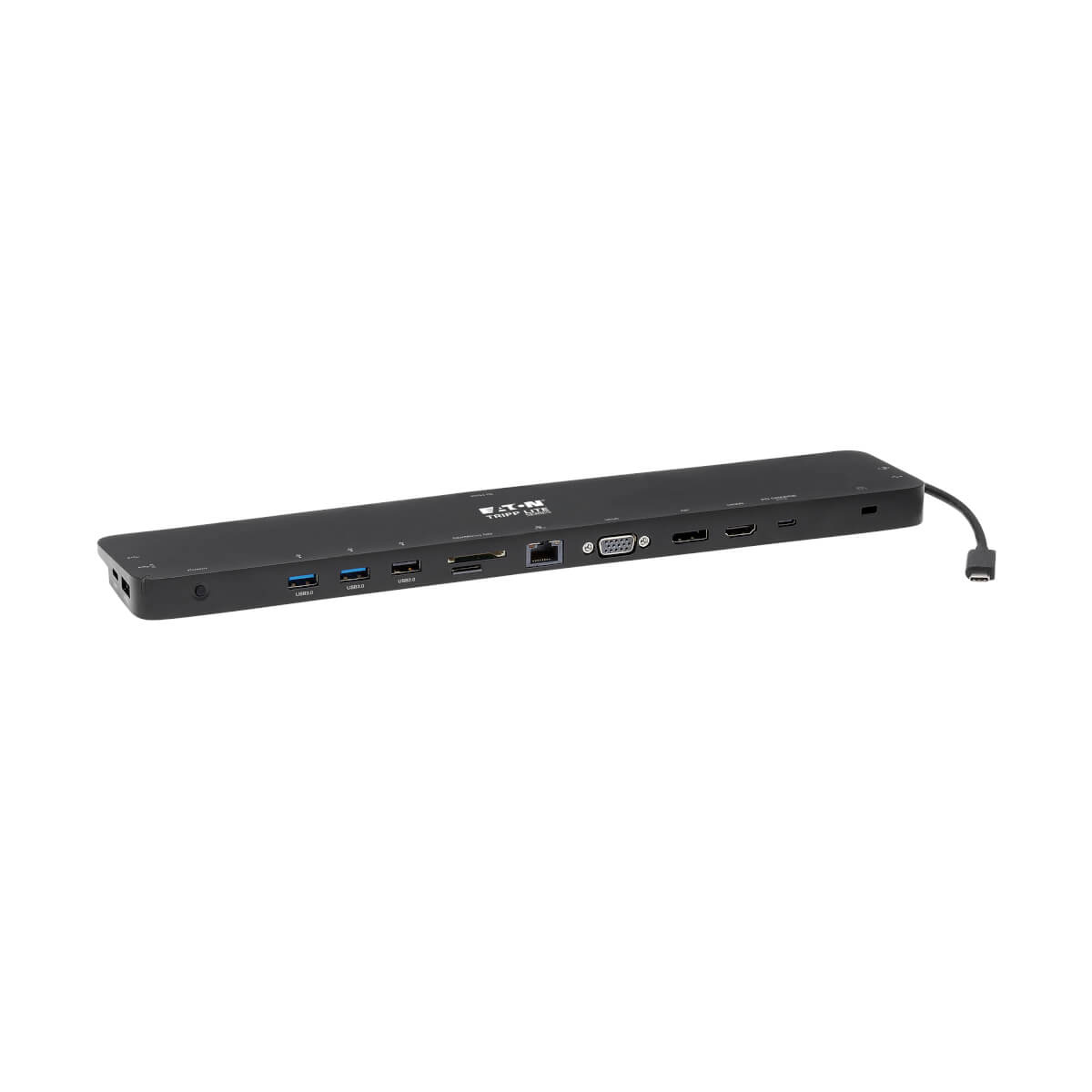 Schwarze Dockingstation mit mehreren Anschlüssen. Hat USB, HDMI und andere Anschlüsse.