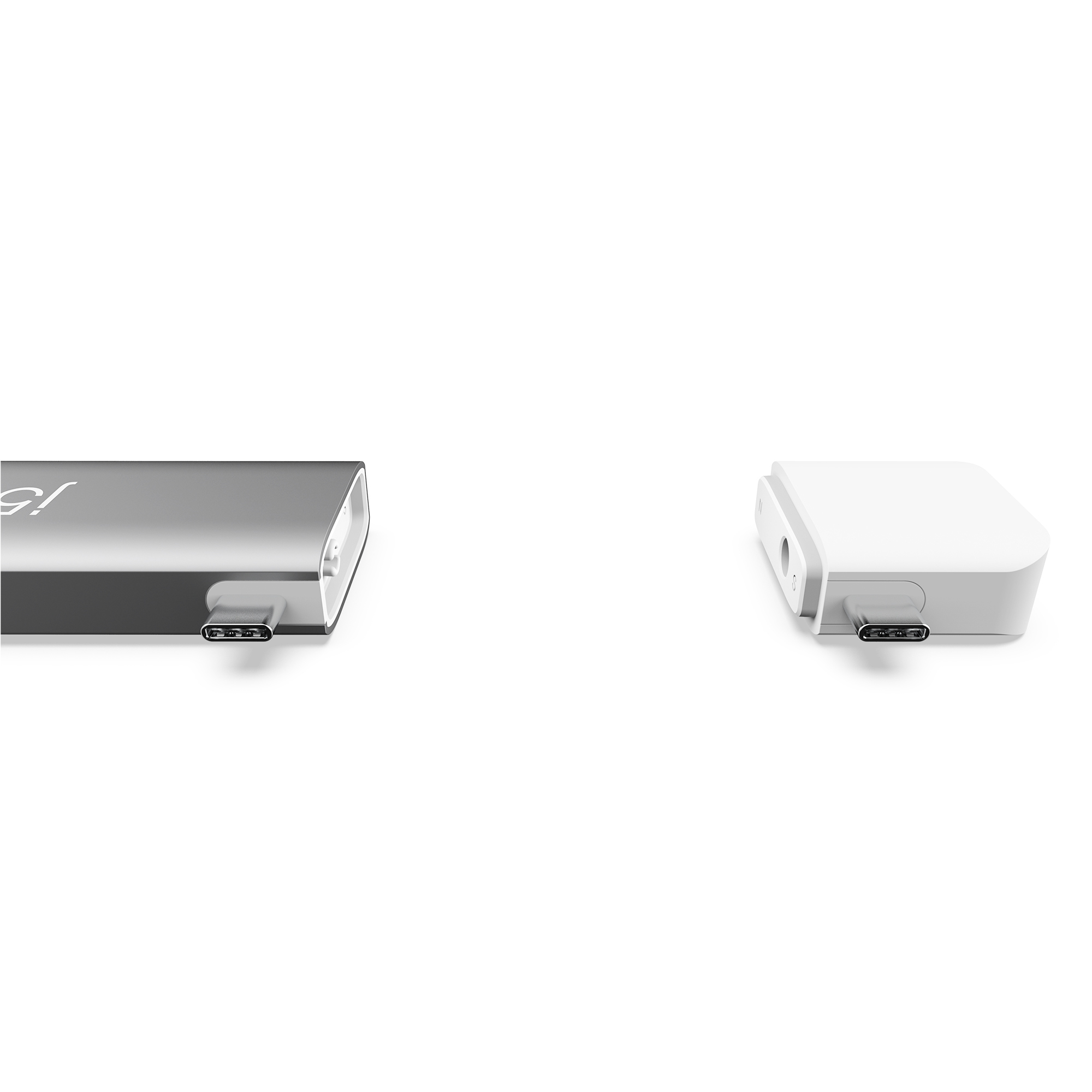 Zwei USB-C-Anschlüsse, einer silberfarben und einer weiß, isoliert auf weißem Grund.