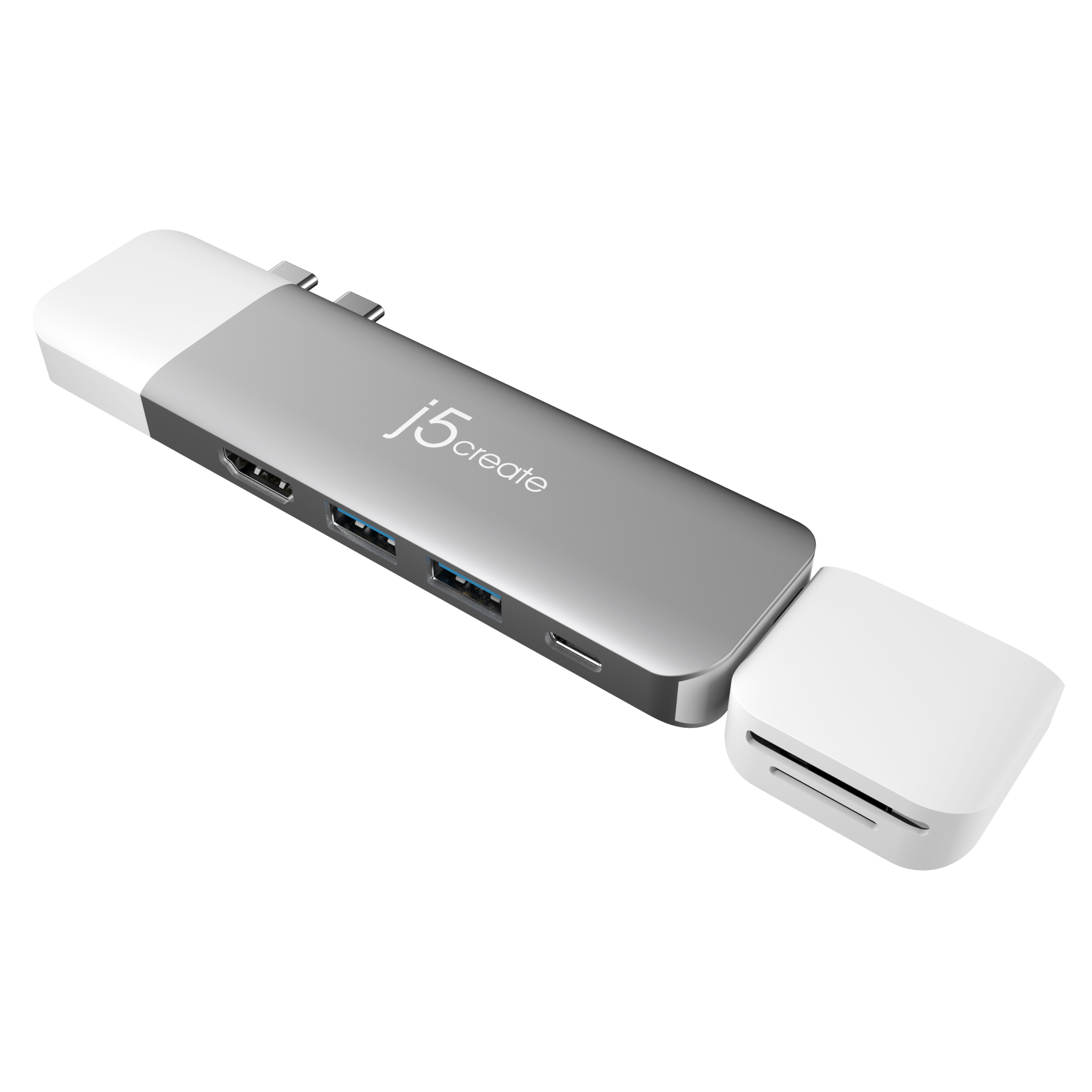 Silberner und weißer USB-Hub mit dem Logo j5create. Er hat mehrere Anschlüsse und einen Kartenleser.