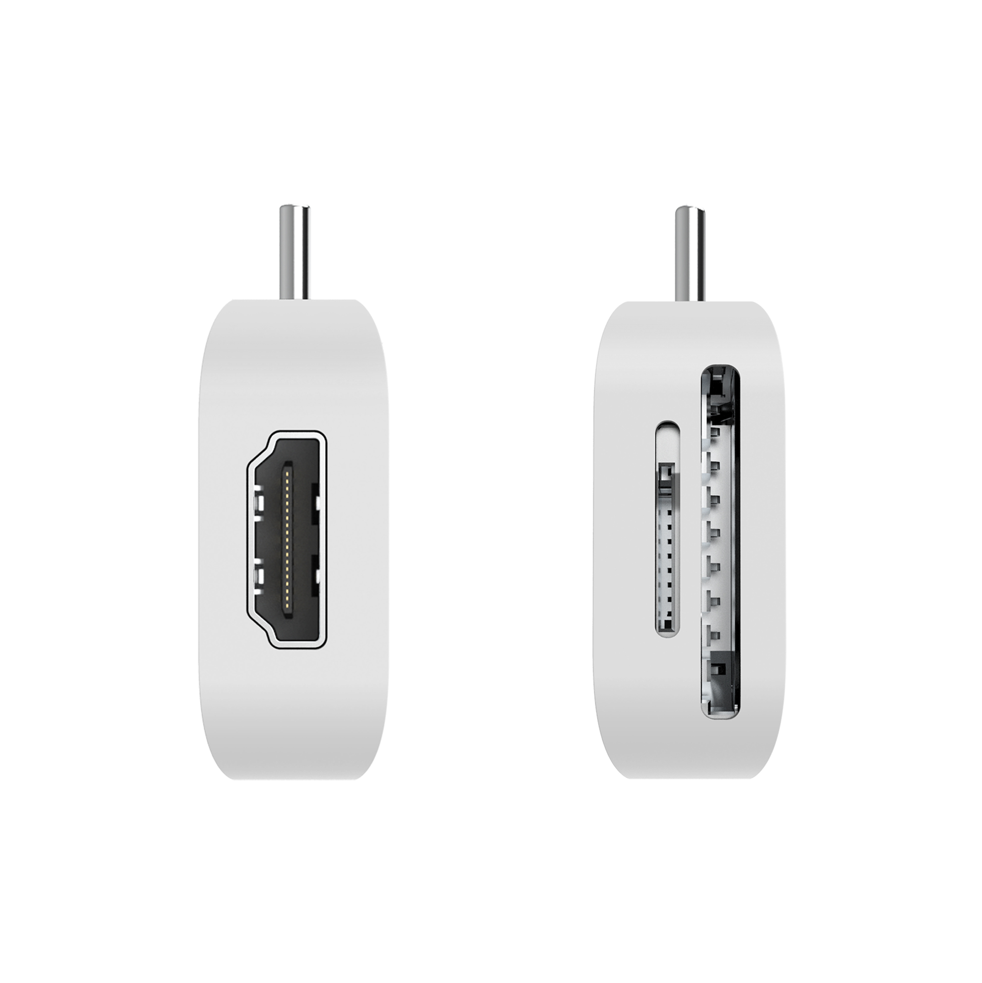 Nahaufnahme eines weißen HDMI-Adapters, zeigt den Anschluss und die Stifte.