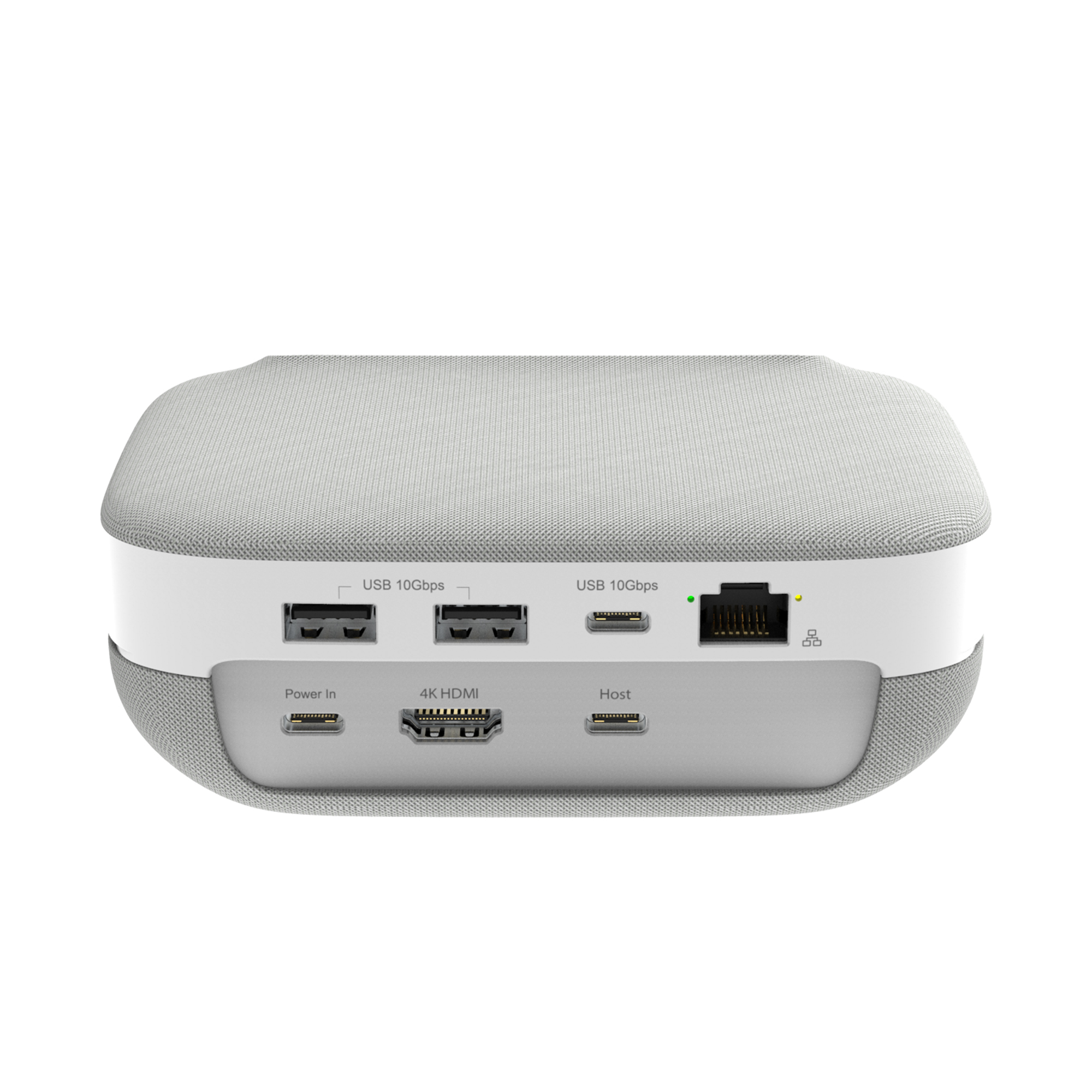 Ein graues Tech-Gerät mit mehreren Anschlüssen, beschriftet mit USB, HDMI und Power In.