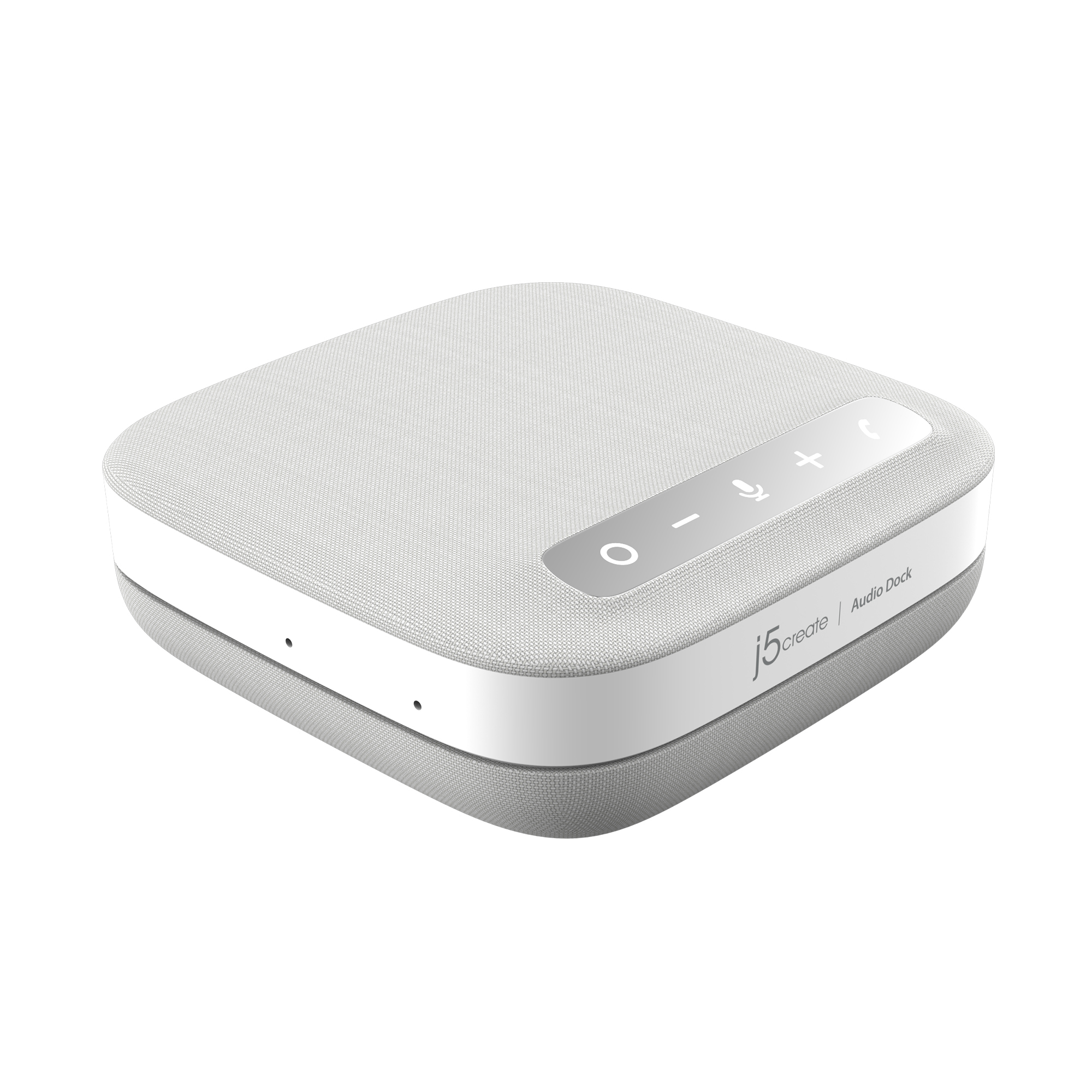 Weiß-graue Audio-Dockingstation mit Steuertasten, Mikrofon und Lautsprecher.