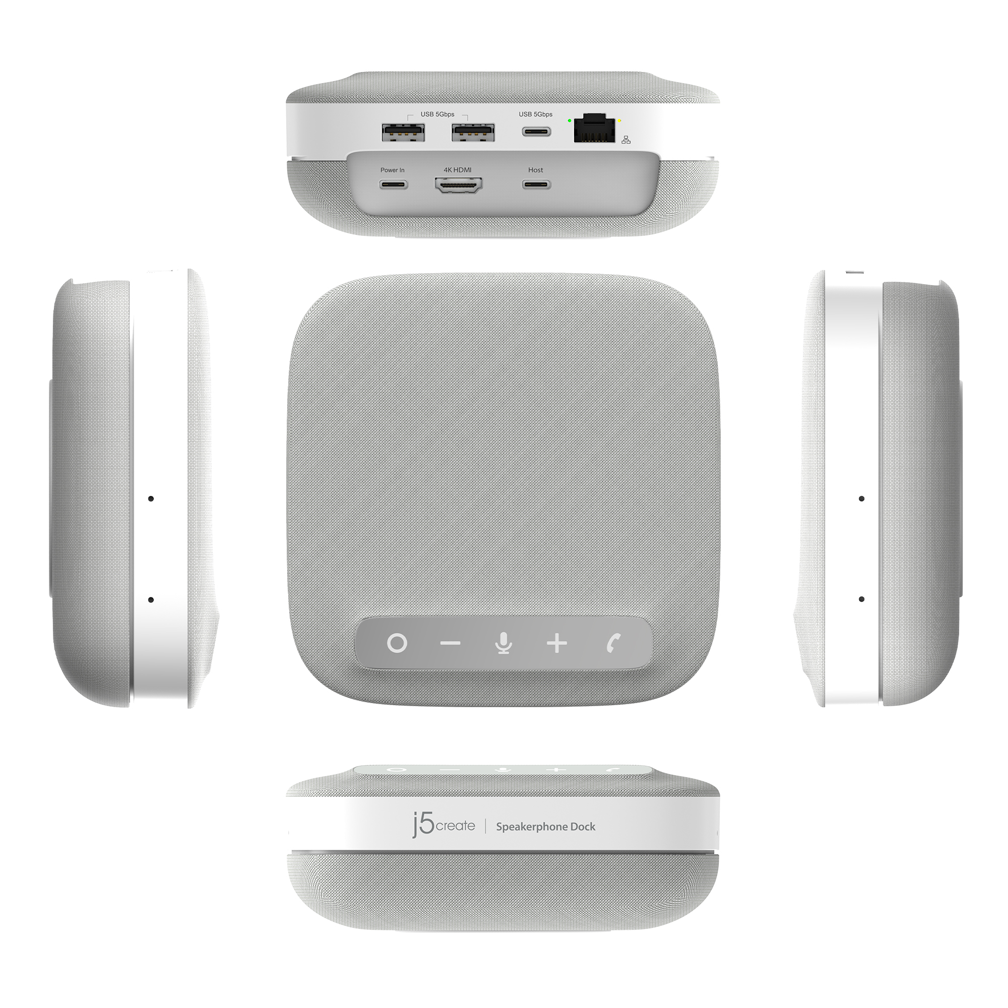Ein graues Freisprech-Dock, verschiedene Ansichten einschließlich oben, Seite und vorne. Mit Tasten und Anschlüssen.