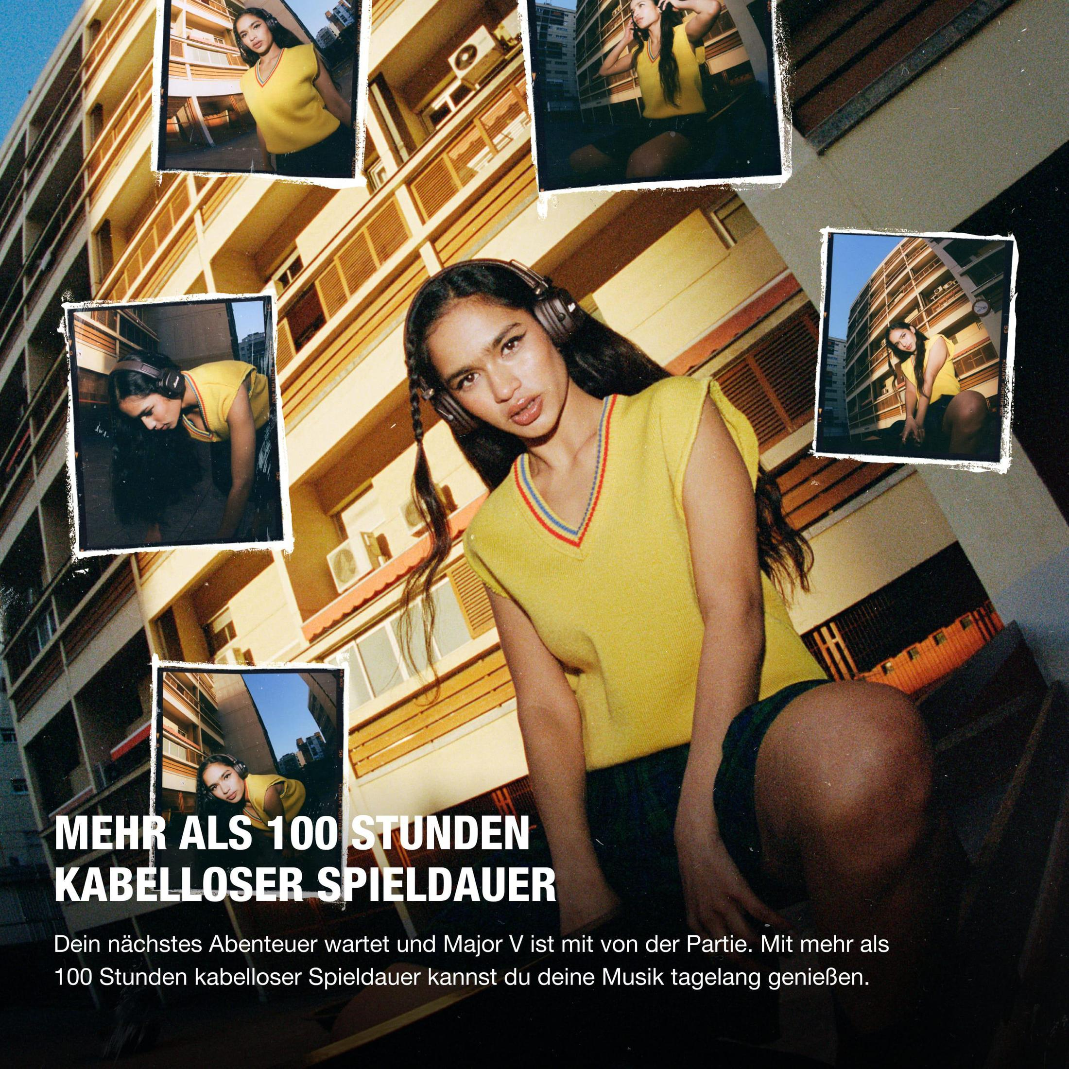 Frau mit Kopfhörern, mehrere Bilder. Gelbes Oberteil, blaue Shorts. Text auf Deutsch, Werbung.