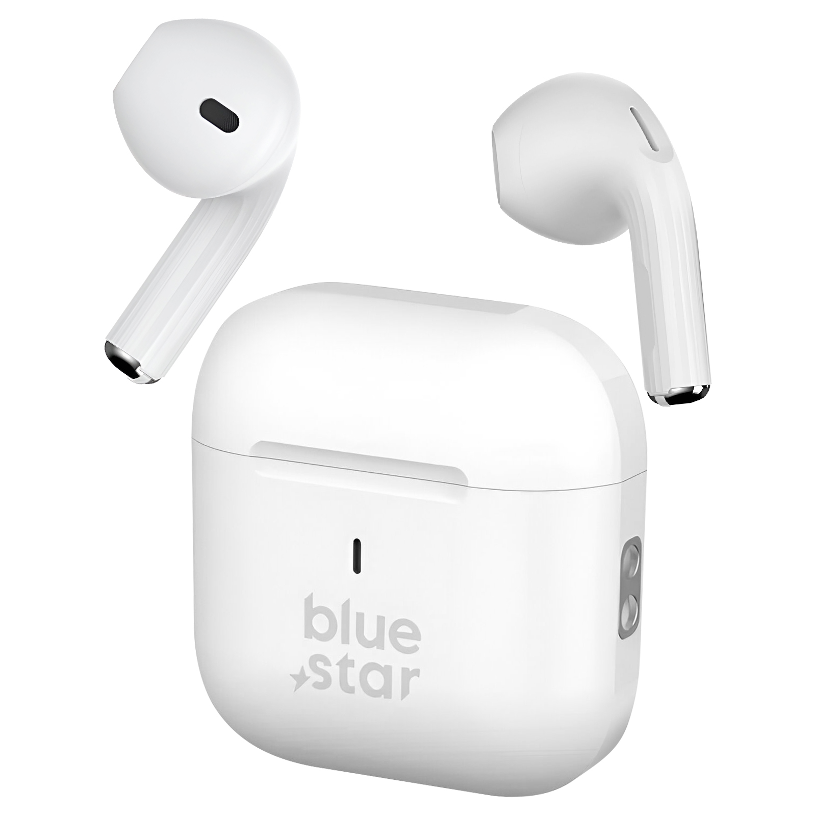 Écouteurs et étui de charge blancs Blue Star sur fond blanc. L'étui est ouvert.