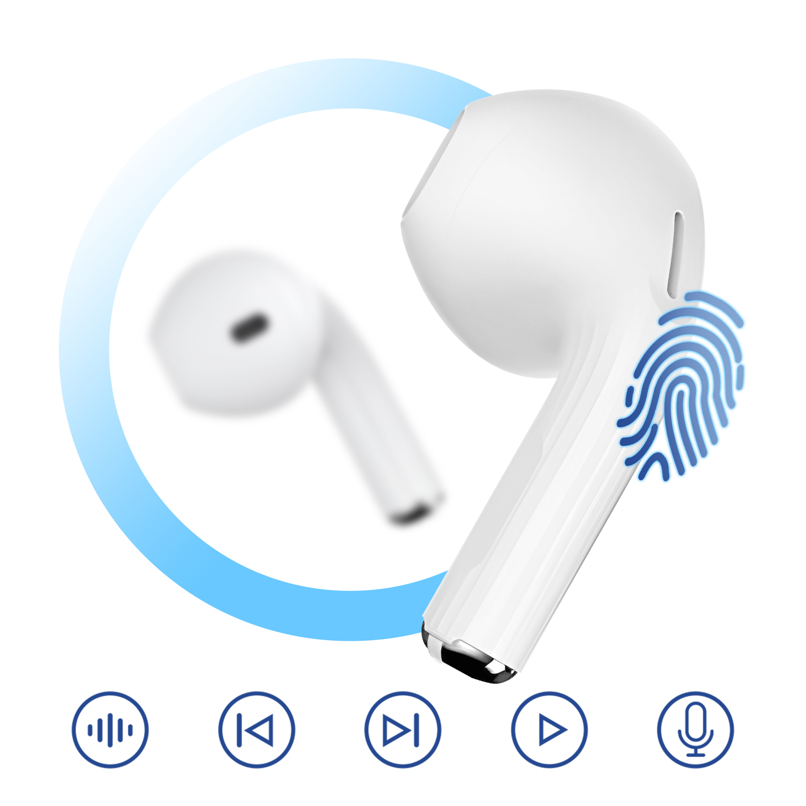 Écouteurs blancs avec mise au point sur un. Graphique d'empreinte digitale bleu. Icônes de lecture, pause, saut. Fond blanc.