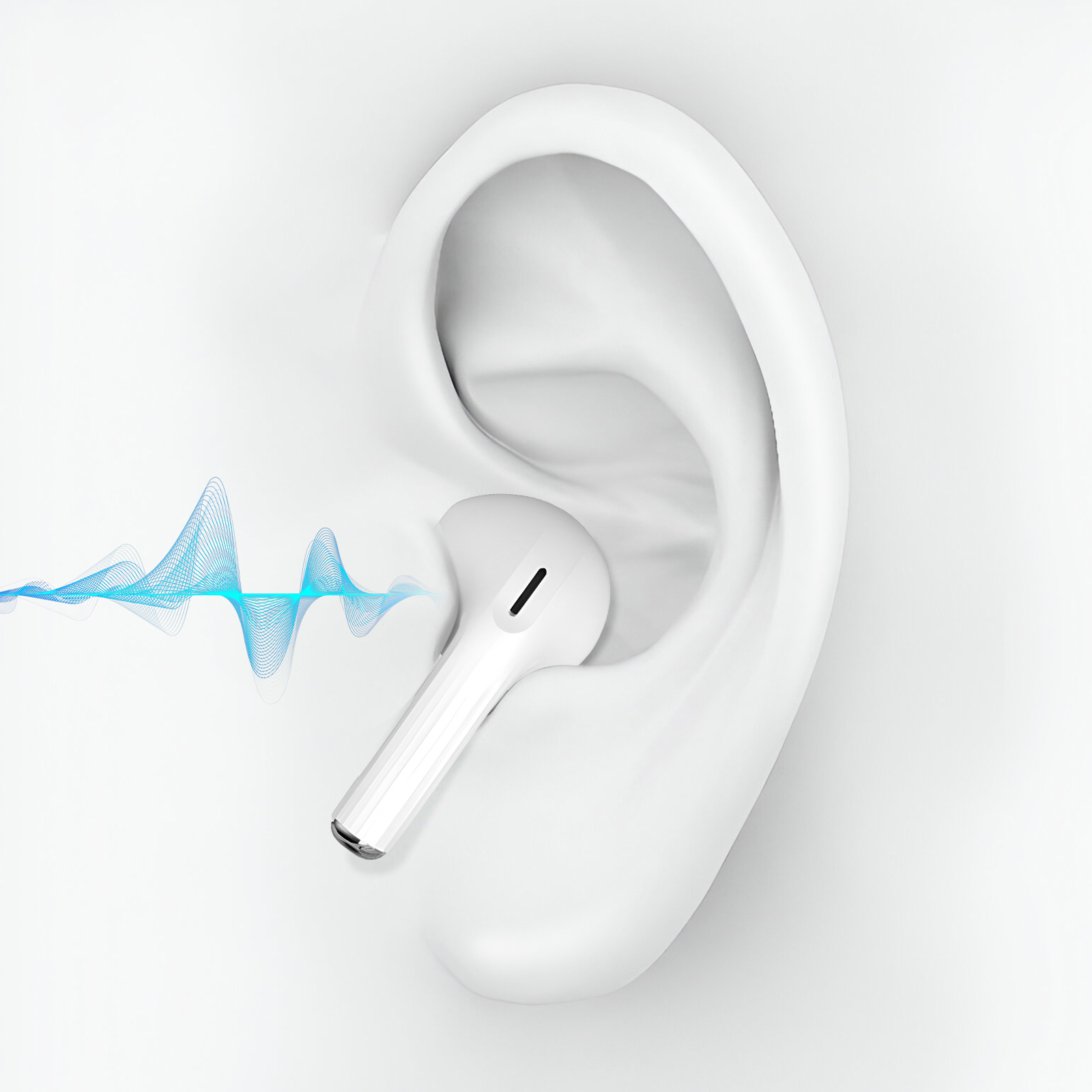 Un écouteur blanc dans une oreille avec visualisation des ondes sonores.