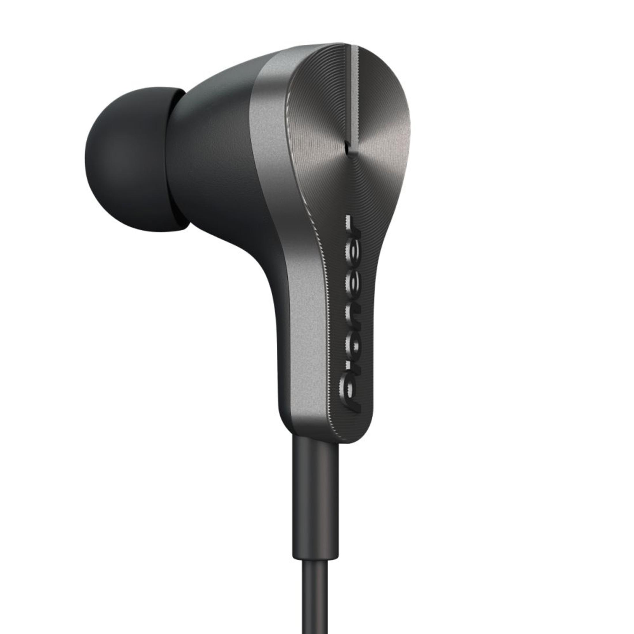 Auricolare Pioneer nero e argento su sfondo bianco.