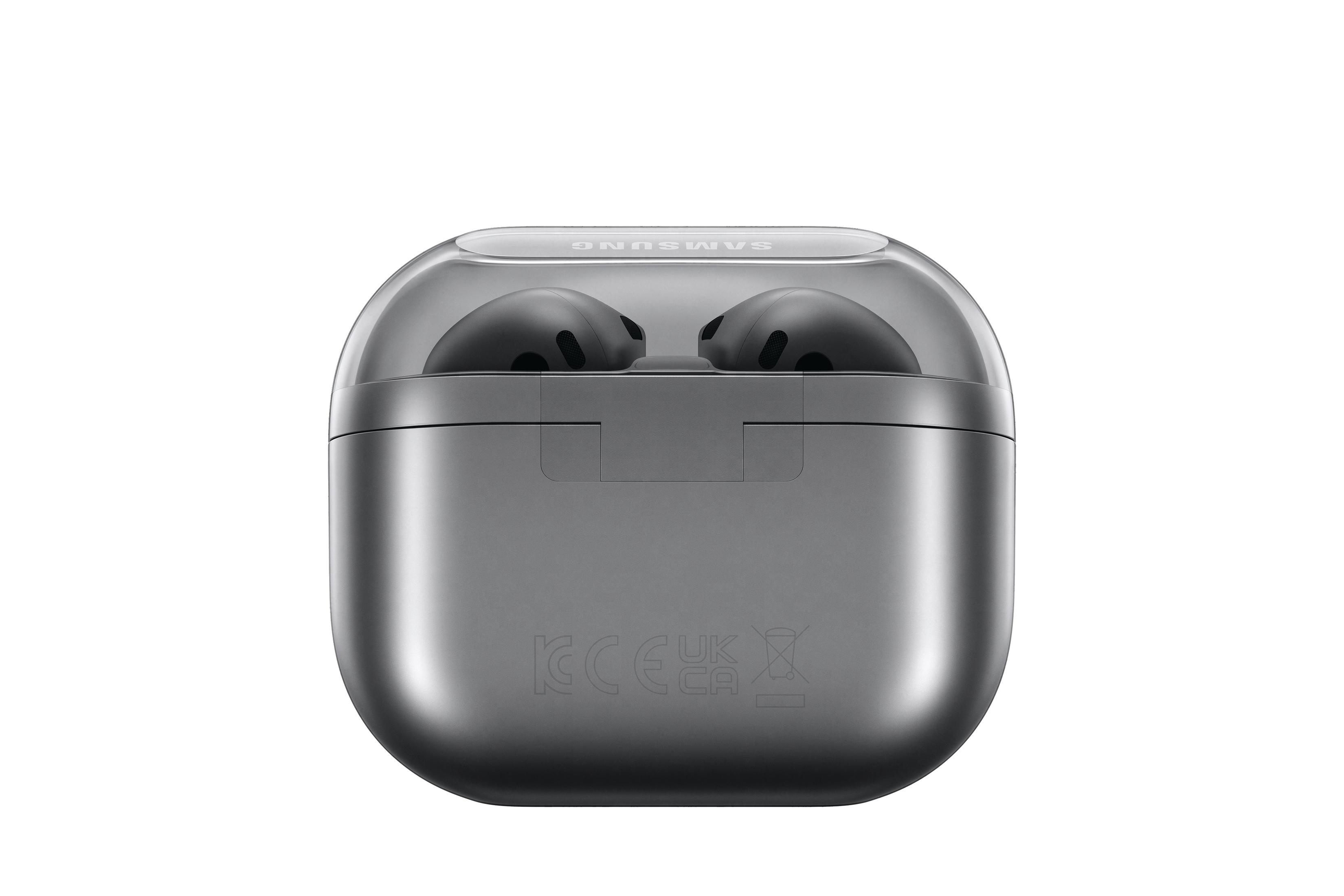 Szare etui na słuchawki z wkładkami dousznymi w środku, na białym tle.