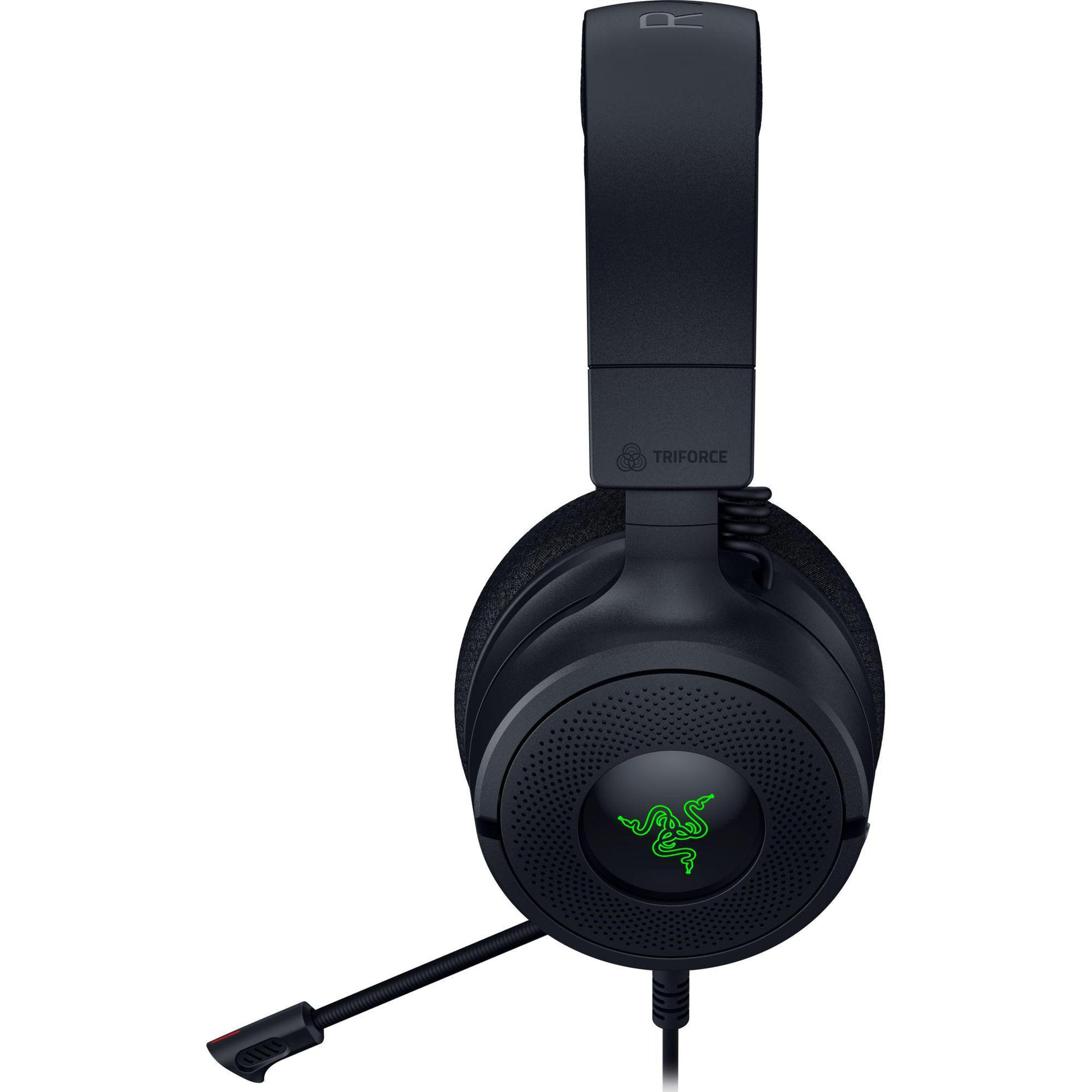 Schwarzes Razer Gaming-Headset mit Mikrofon, isoliert auf weißem Hintergrund.