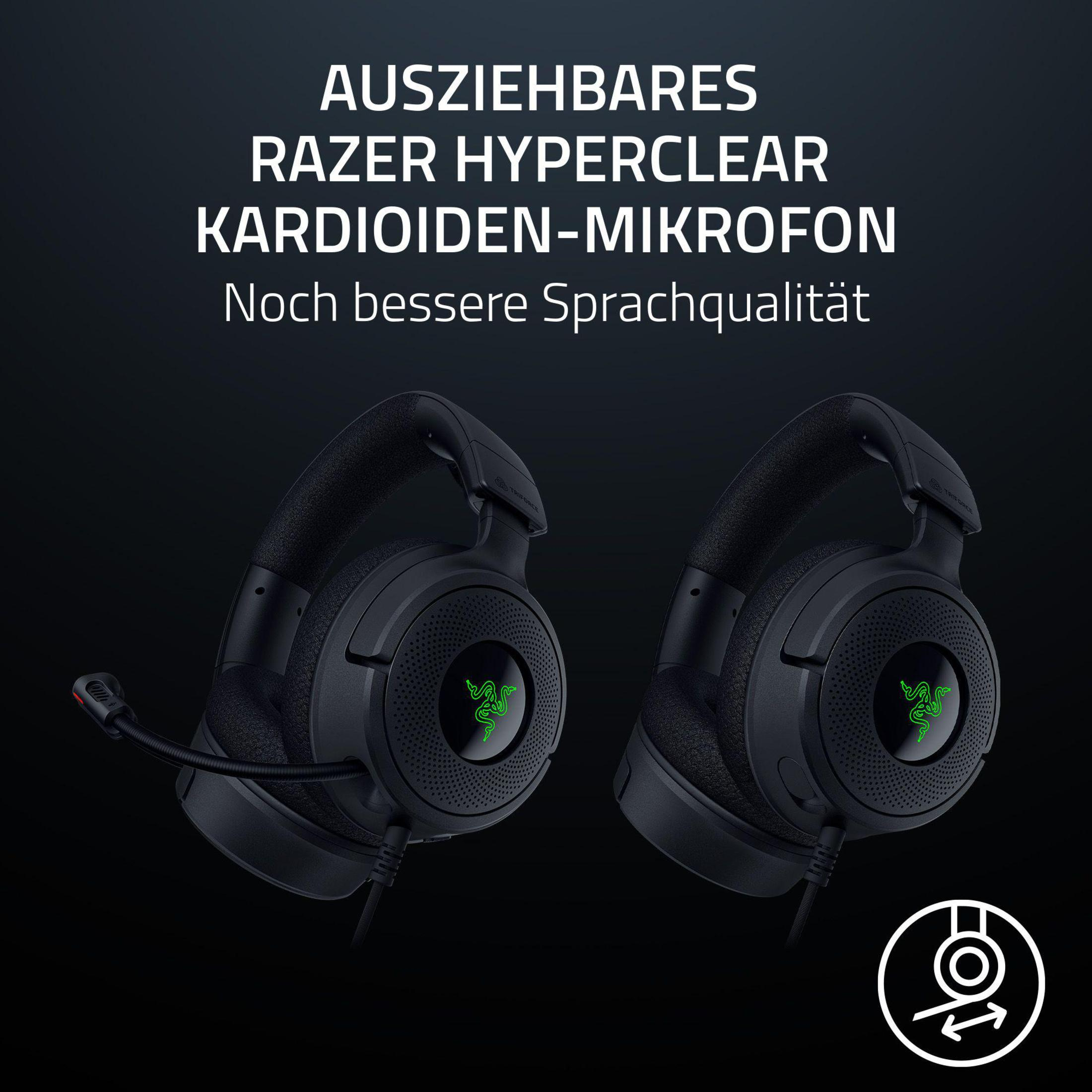Zwei schwarze Gaming-Headsets mit grünen Akzenten auf dunklem Hintergrund, mit Text.