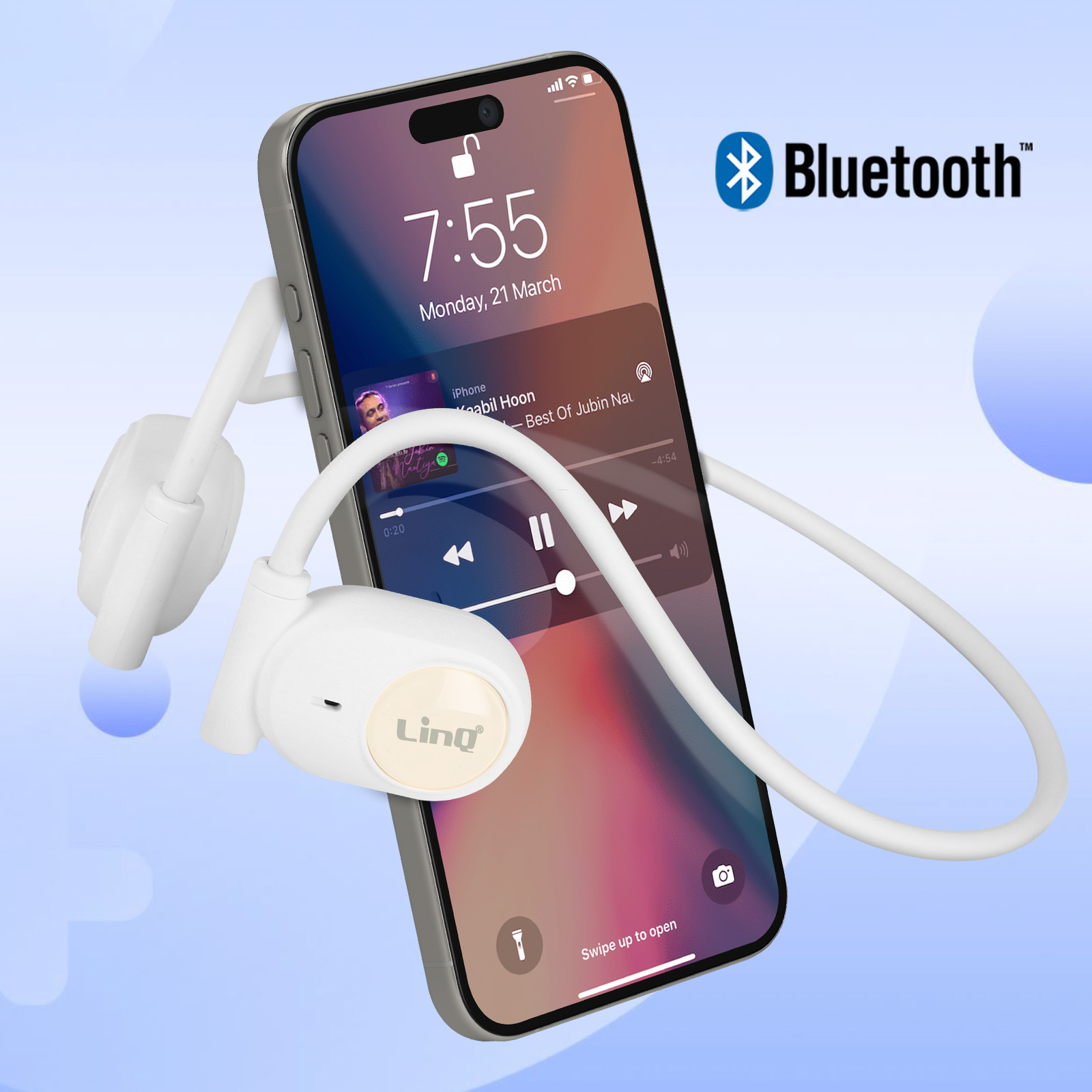 Telefono con cuffie collegate. Il telefono mostra un'interfaccia di app musicali.