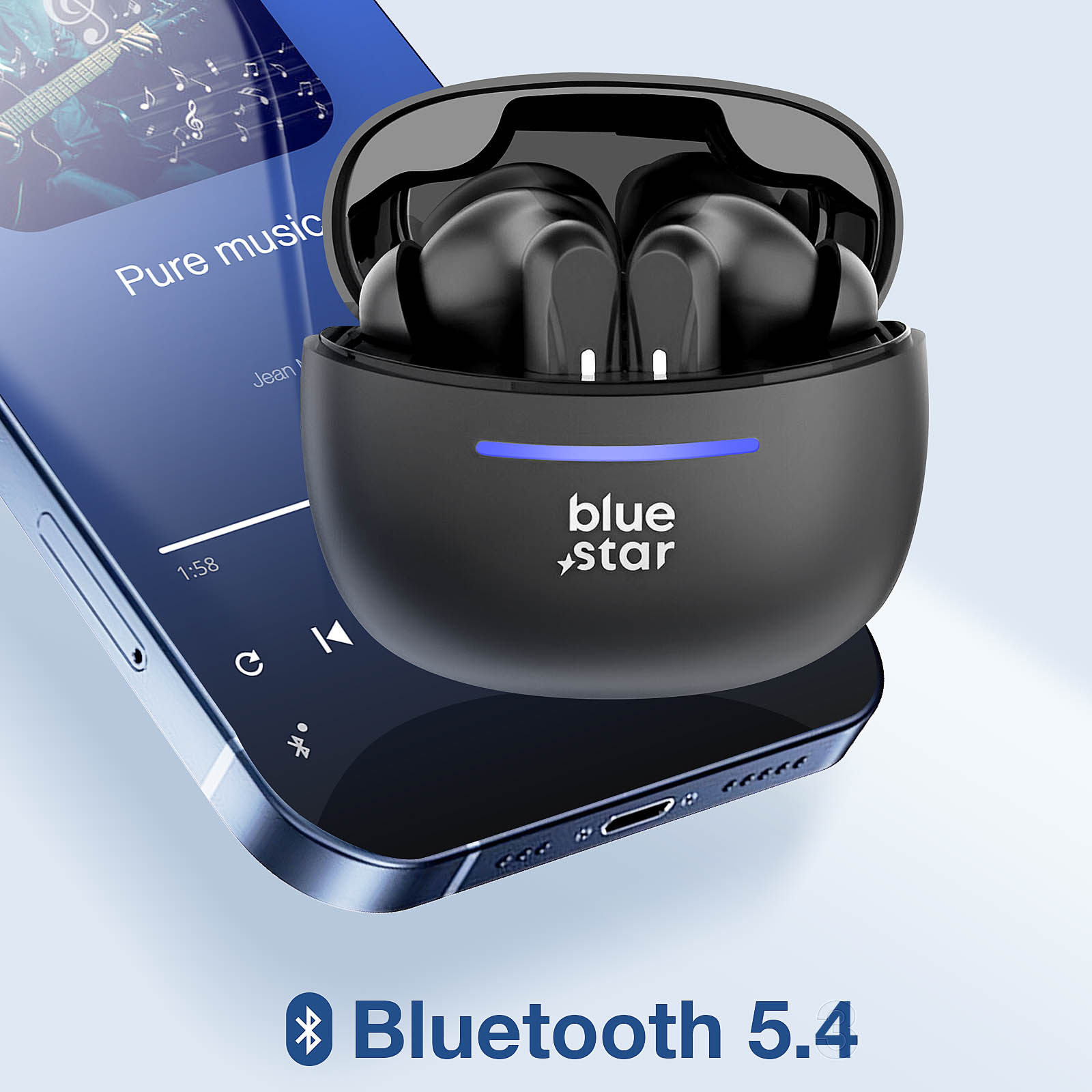 Schwarze kabellose Ohrhörer in einem Ladecase, auf einem Handy mit Musik.