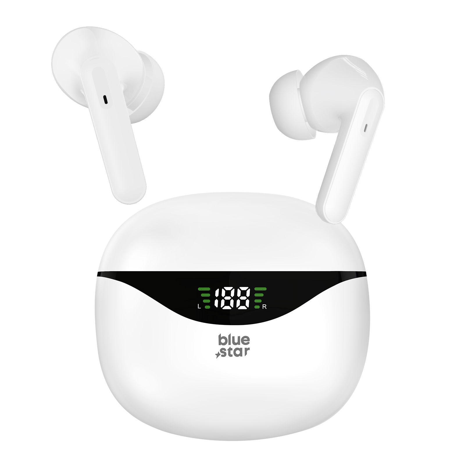 Weiße Ohrhörer und Ladecase. Blaues Sternlogo. Digitalanzeige. Weißer Hintergrund.