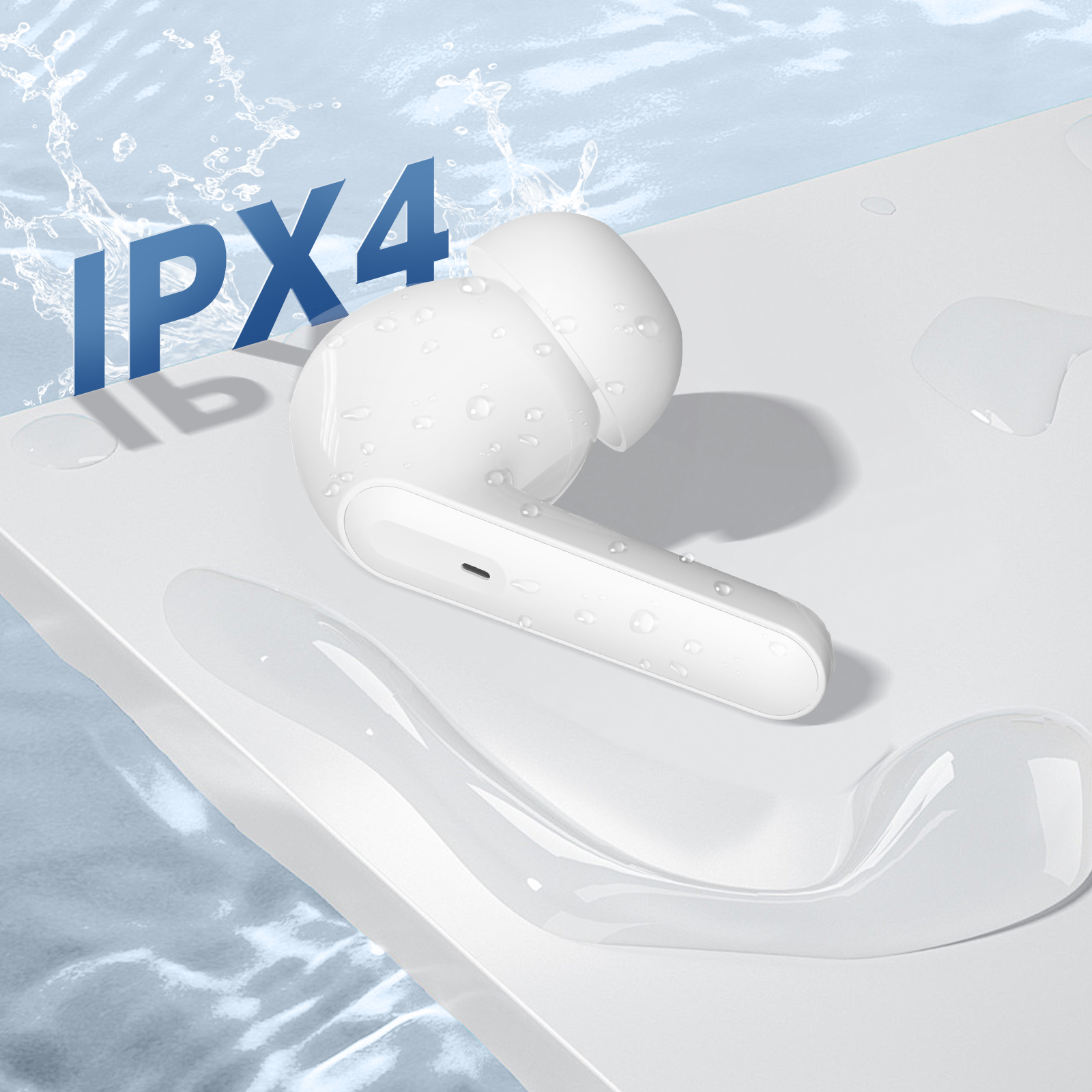 Weiße kabellose Ohrhörer mit Wassertropfen. Text 'IPX4' ist sichtbar.