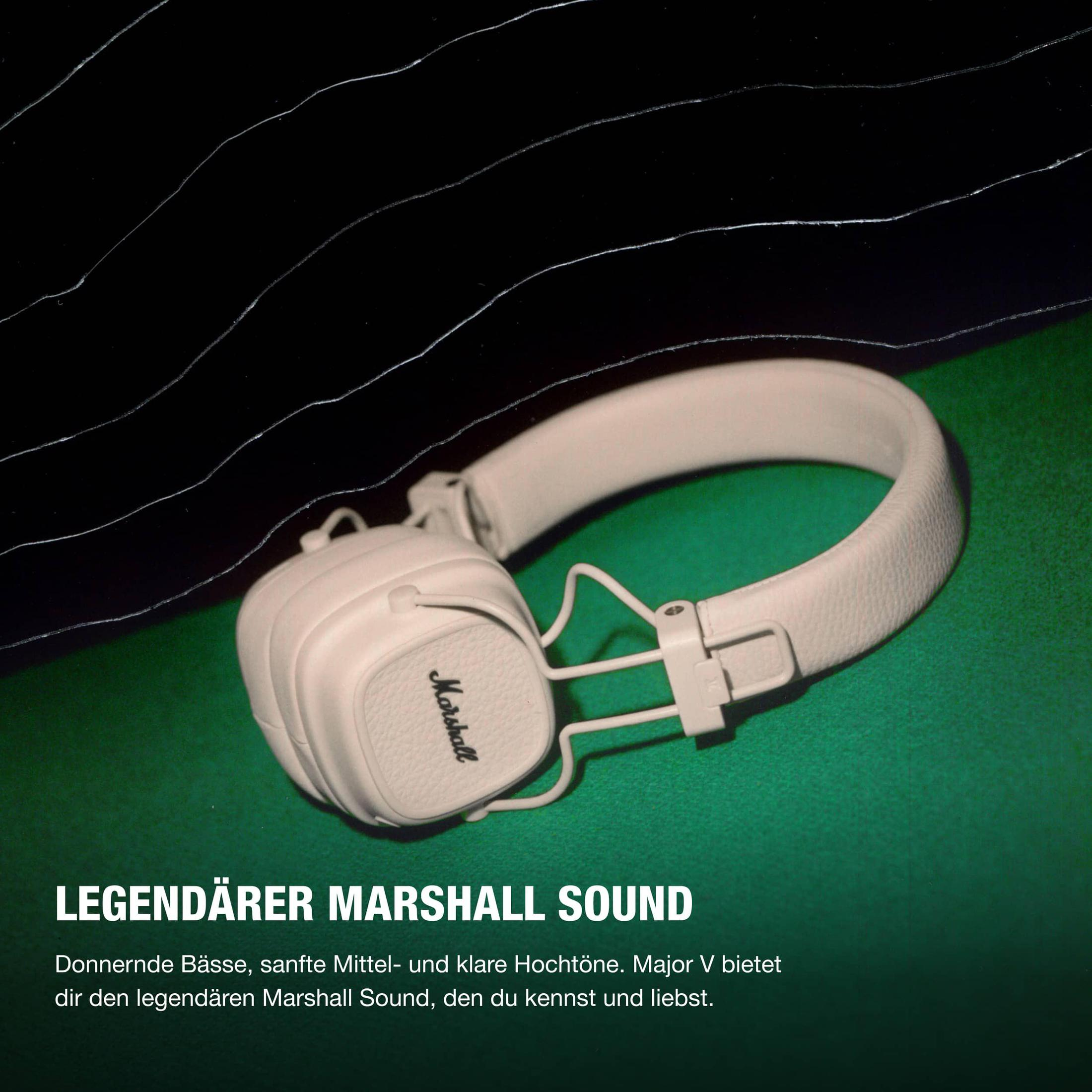 Auriculares Marshall blancos. Texto: SONIDO MARSHALL LEGENDARIO. Fondo negro y verde.