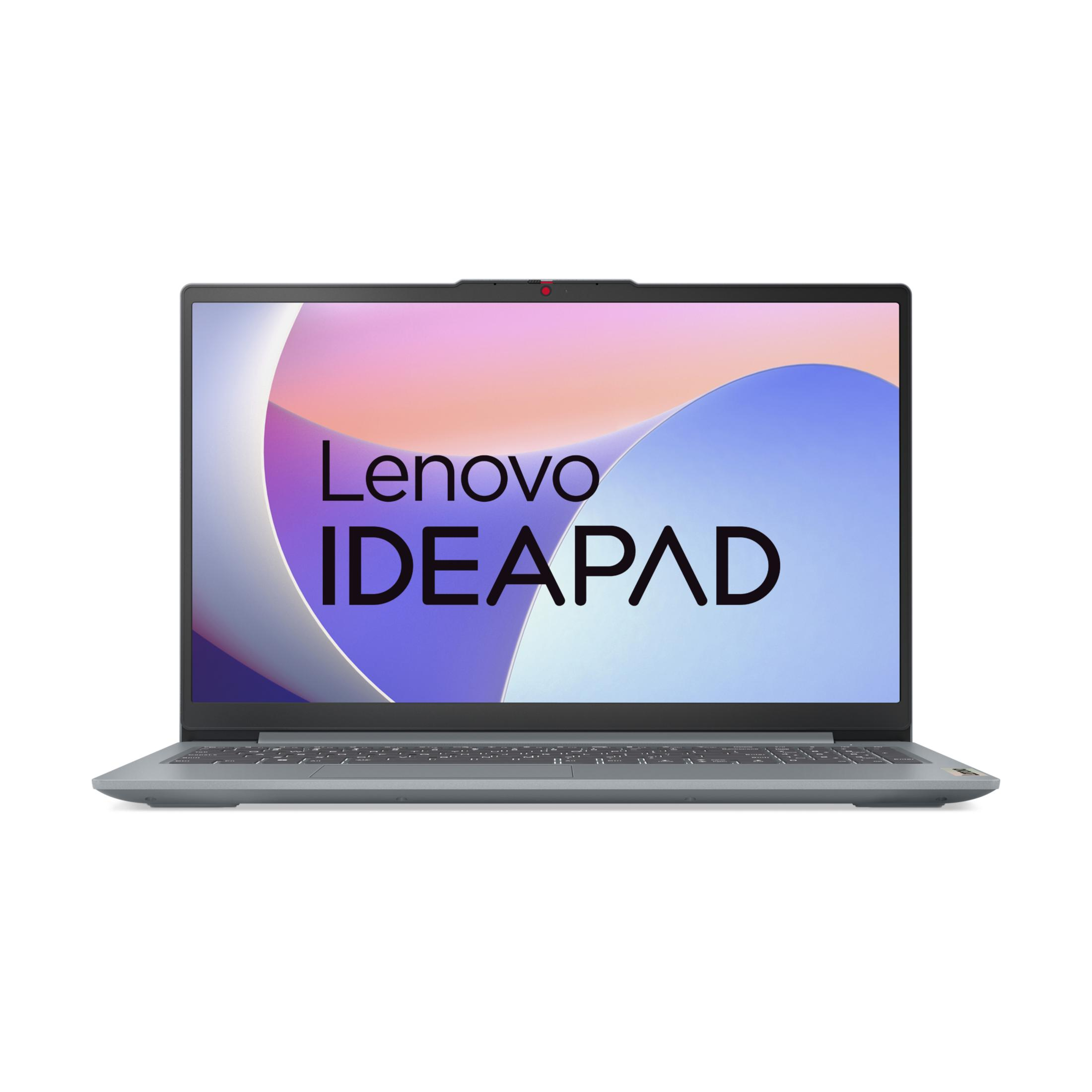 Grauer Lenovo IdeaPad Laptop, offen, mit Lenovo IdeaPad Logo. Weißer Hintergrund.