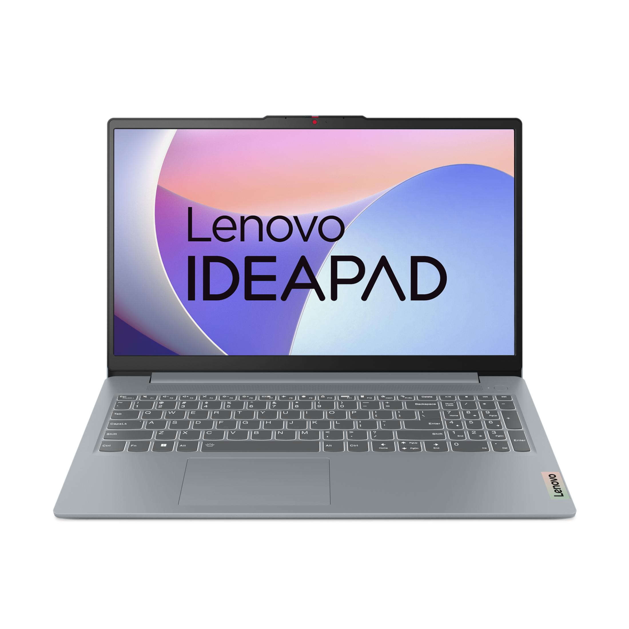 Grauer Lenovo Ideapad Laptop. Weißer Hintergrund. Lenovo Ideapad ist auf dem Bildschirm. Tastatur sichtbar.