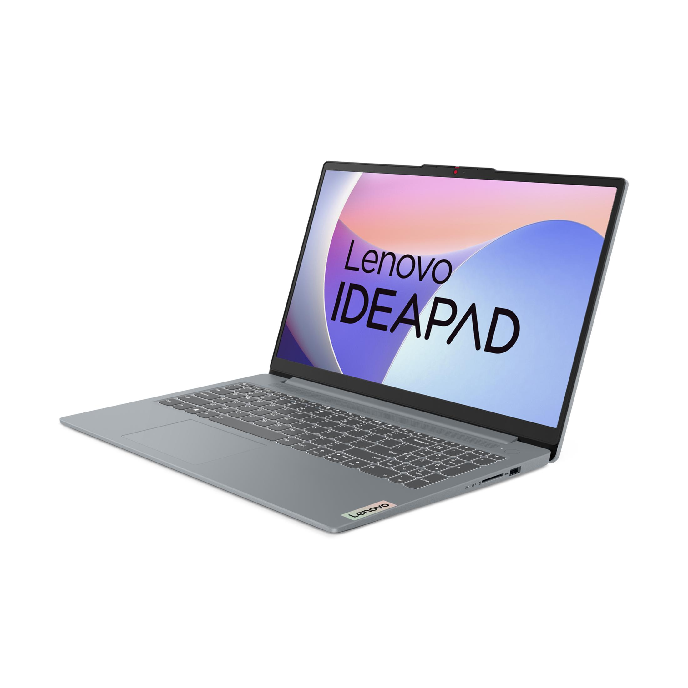 Ein grauer Lenovo IdeaPad Laptop geöffnet, zeigt Bildschirm, Tastatur und Trackpad.