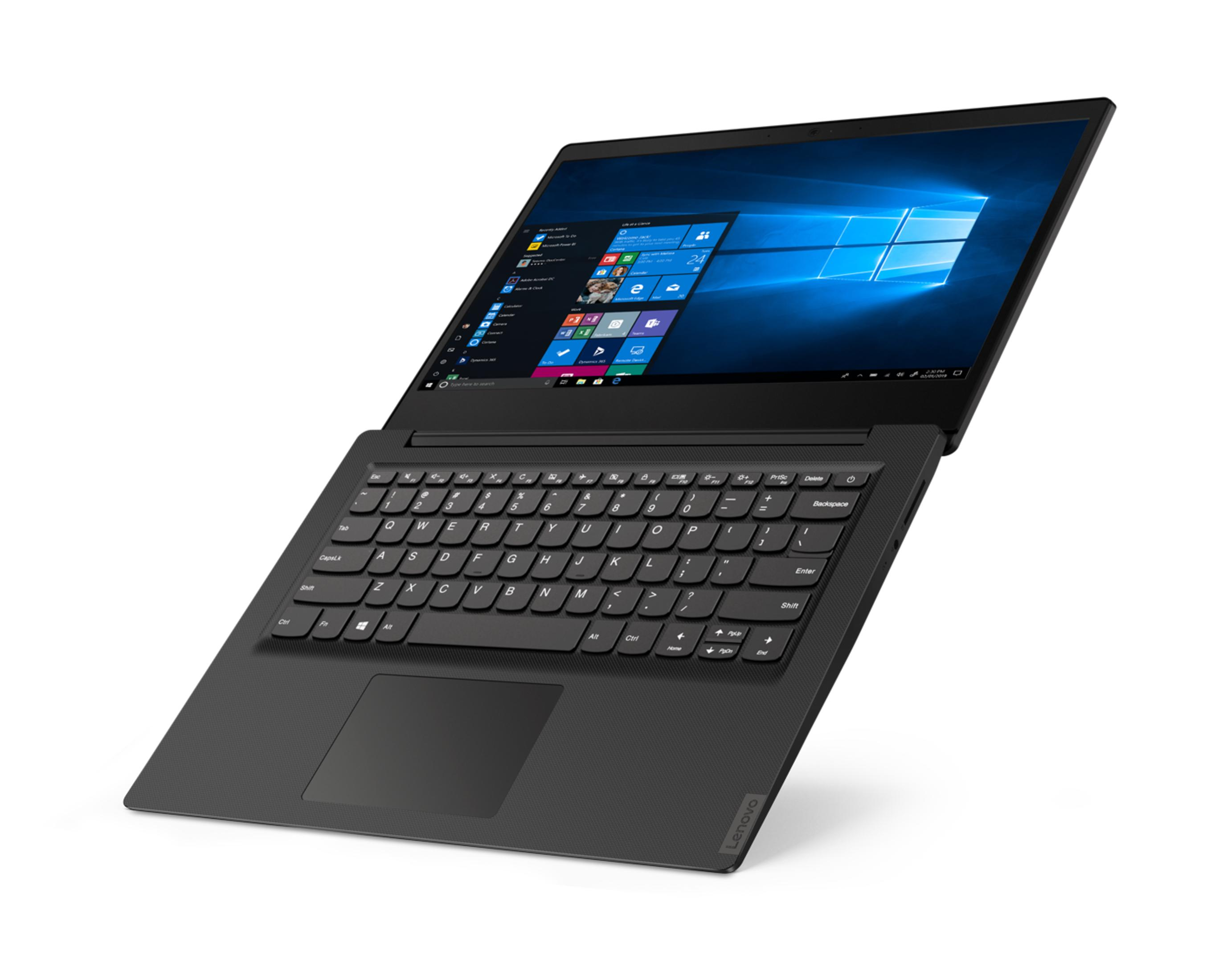 Ein schwarzer Lenovo Laptop, geöffnet auf weißem Hintergrund mit Windows-Bildschirm. Die Tastatur ist im Fokus.