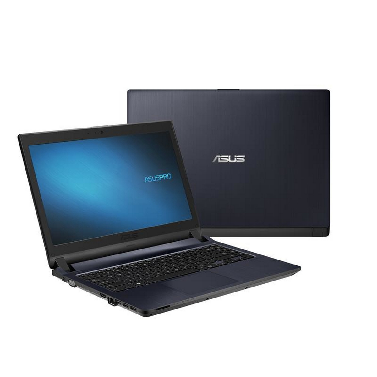 Laptop con schermo blu. La parte posteriore del laptop è visibile. Logo Asus. Sfondo bianco.