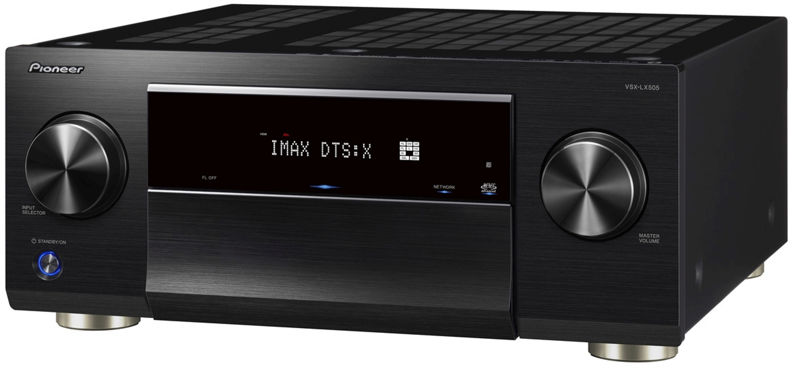 Schwarzer Pioneer AV-Receiver. Vorderansicht. Display zeigt IMAX DTS:X, Knöpfe und Lautstärkeregler sind sichtbar.