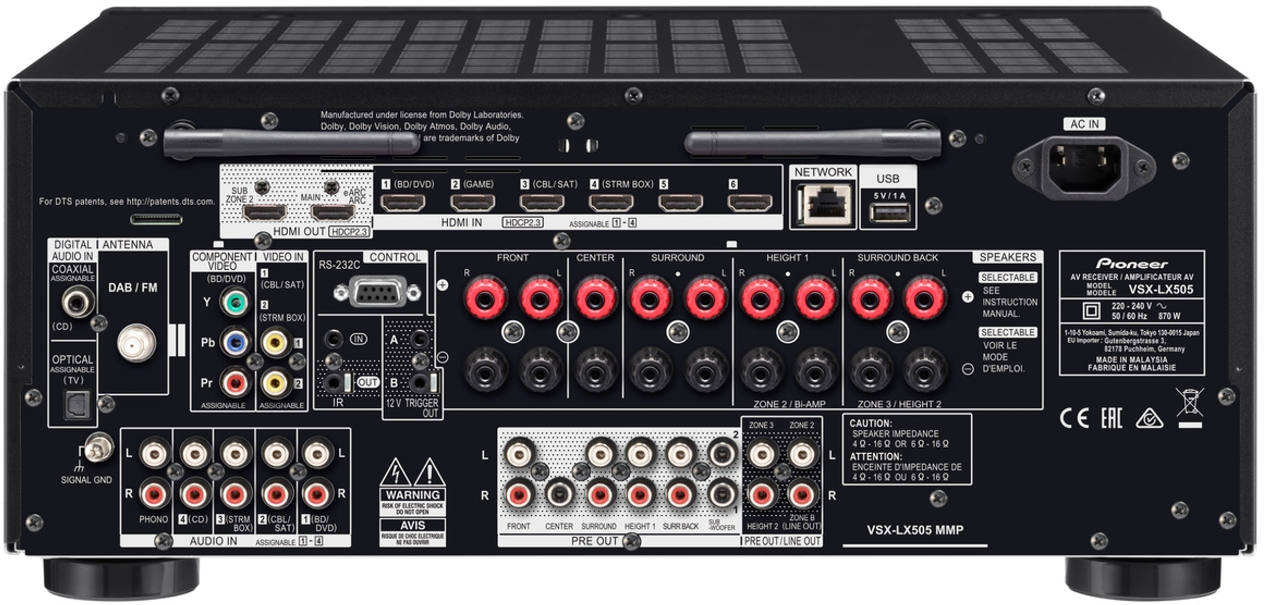 Rückansicht eines Pioneer VSX-LX505 Receivers mit verschiedenen Anschlüssen.