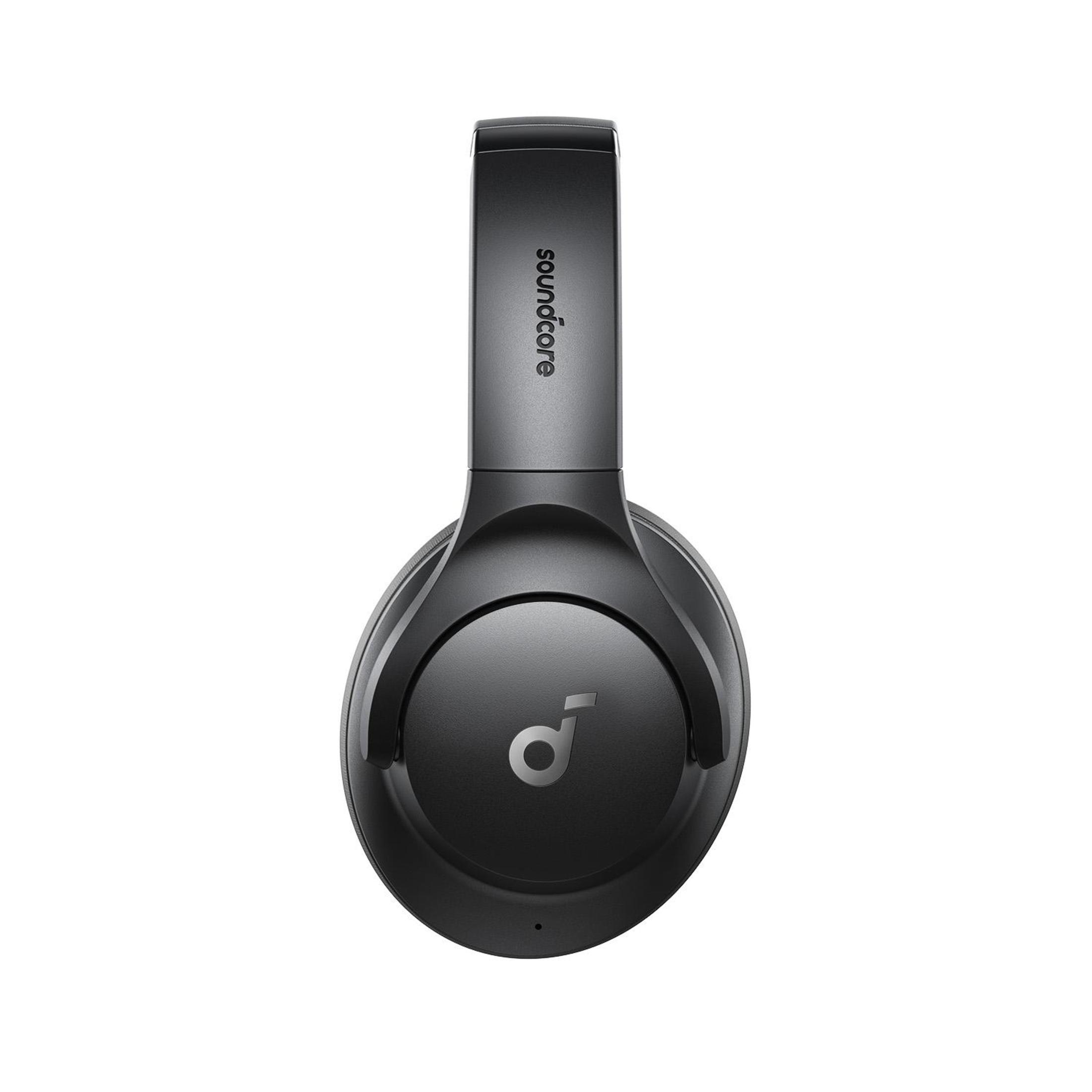 Cuffie Soundcore nere su sfondo bianco. Soundcore è scritto sulla parte superiore delle cuffie.