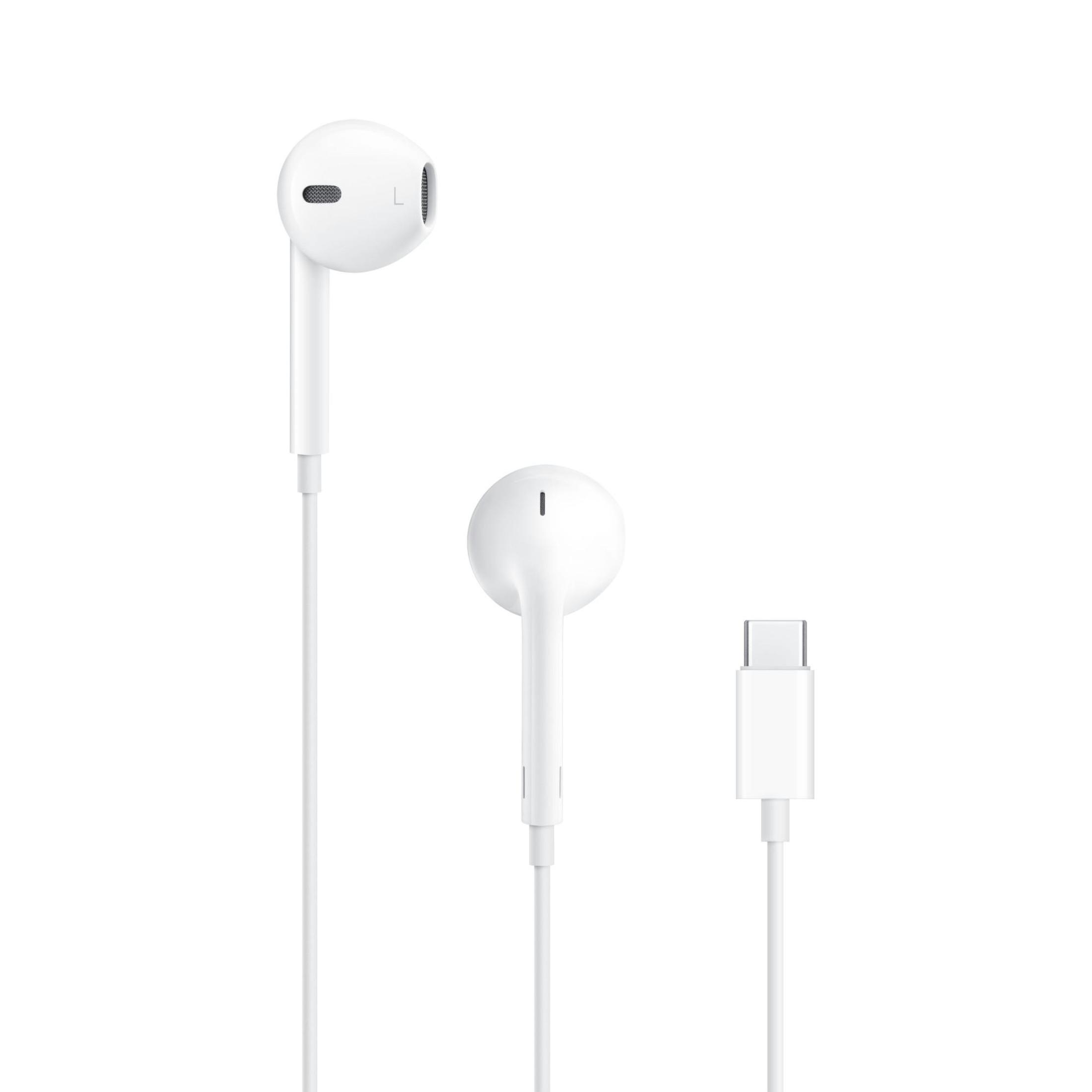 Auricolari Apple bianchi con cavo, su sfondo bianco. Un connettore USB-C è visibile.